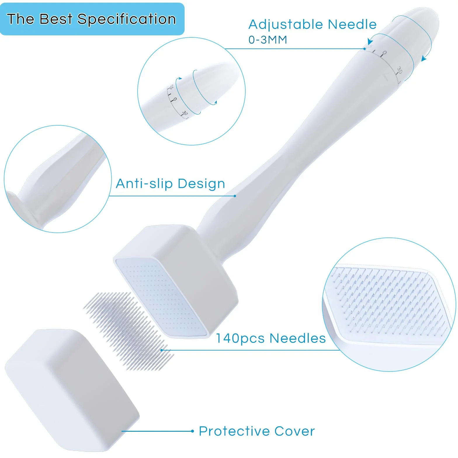 Derma Stamp, regulowany długopis do mikroigłowania 0-3 mm ze 140 pinami, profesjonalny Dermastamp Microneeedling Pen Derma Pen Hair Broda Growth dla mężczyzn i kobiet