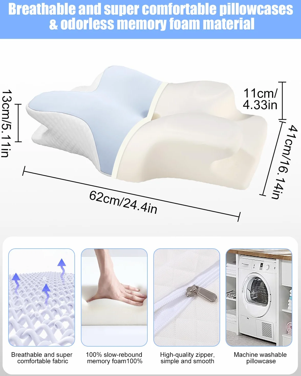 Poduszka szyjna z pianki memory, ergonomiczna poduszka szyjna, ergonomiczna poduszka ortopedyczna, dla osób śpiących na boku (62 x 41 x 13 cm) z oddychającą poszewką na poduszkę (niebieska)