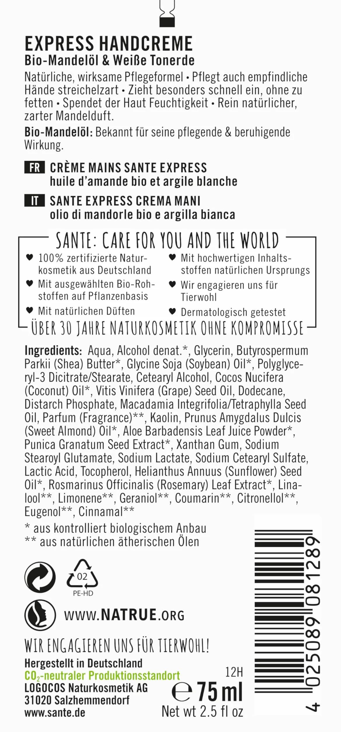 SANTE Naturkosmetik Express krem do rąk z gliną, espresso bez tłustej folii, z olejkiem migdałowym, wegański, 75 ml