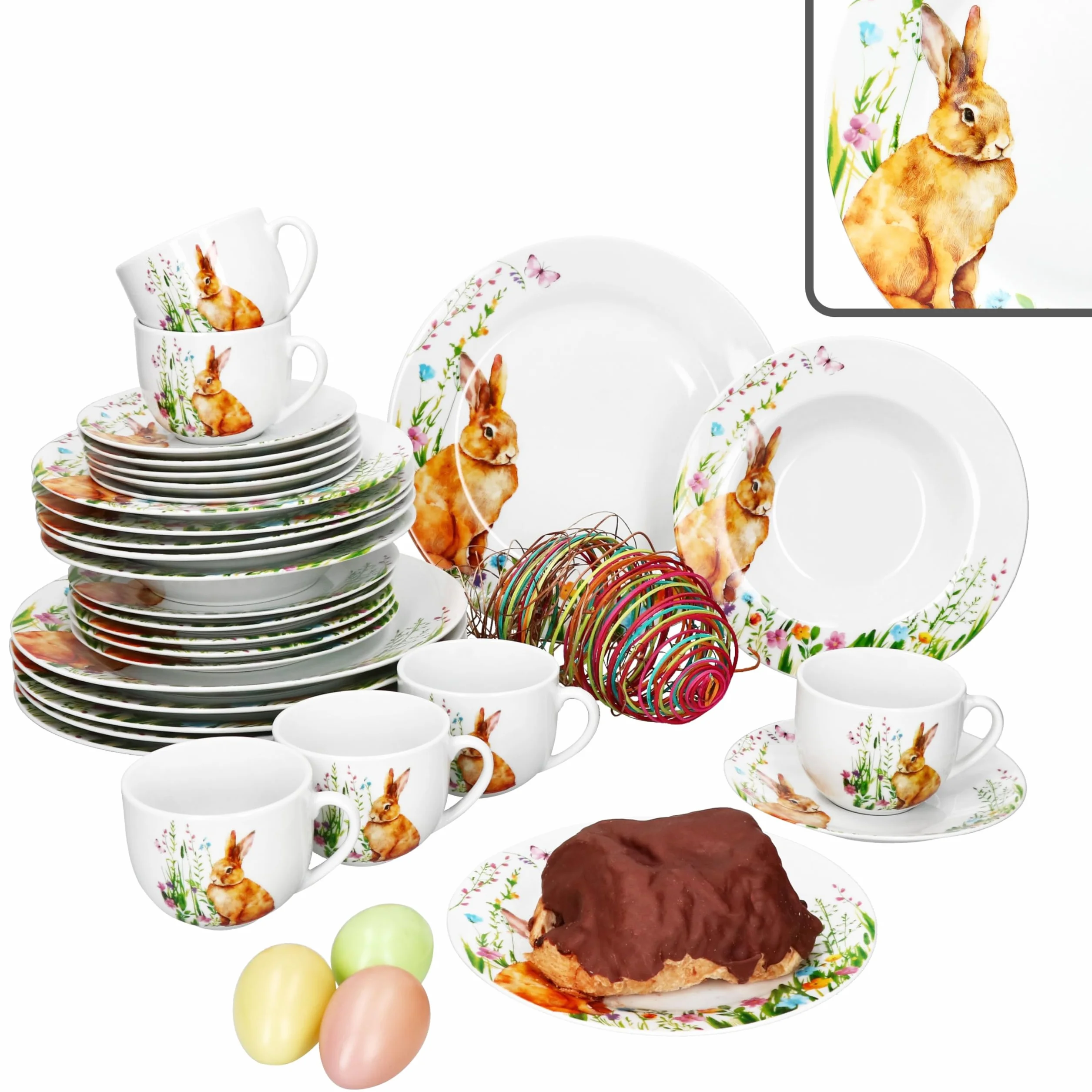MamboCat 30-częściowy porcelanowy serwis wielkanocny z dekoracją zajączka dla 6 osób