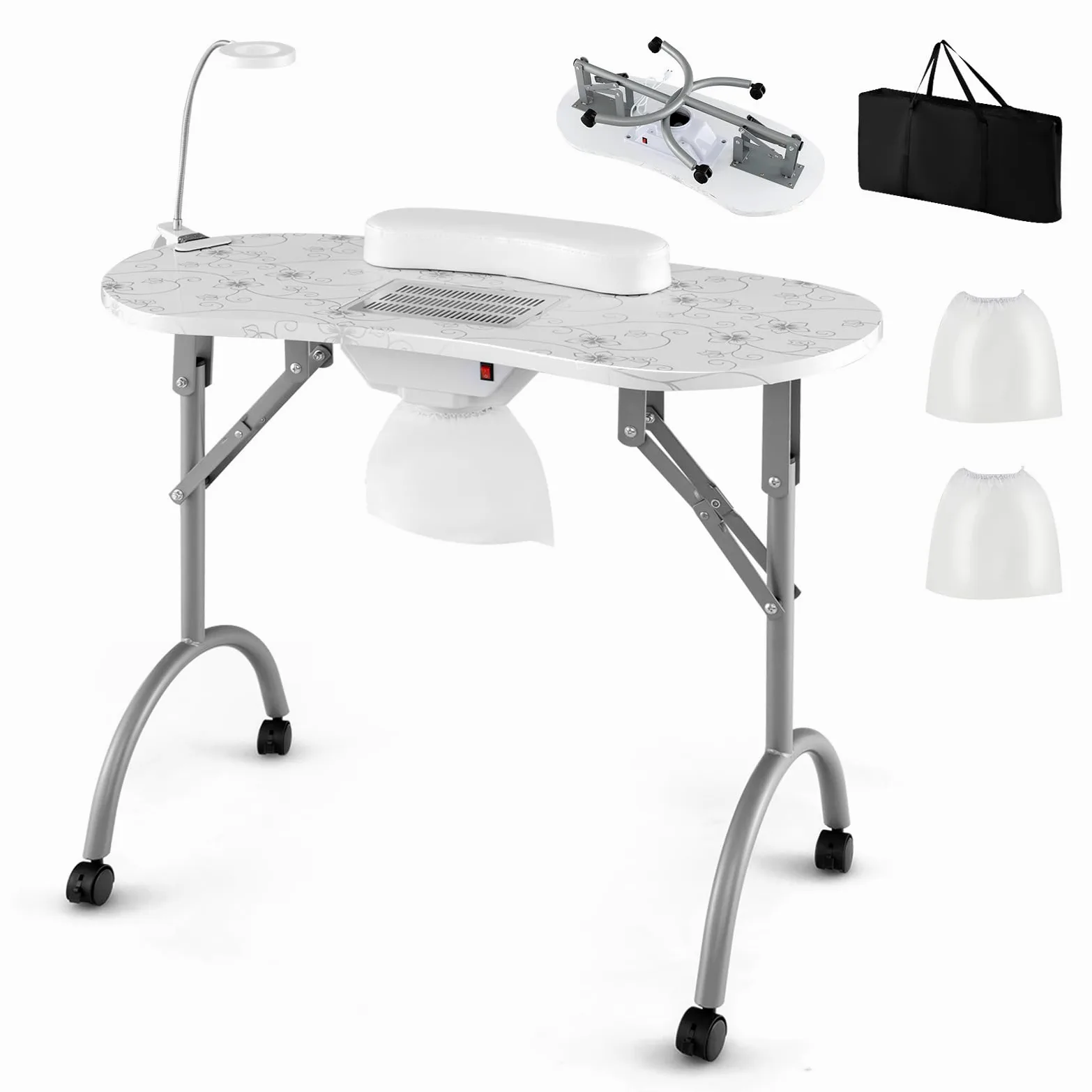 COSTWAY Stół do manicure, składany, stolik na paznokcie z elektrycznym odpylaczem lampą LED, podkładka na nadgarstek, torba do przenoszenia i rolki, stół do manicure o wyglądzie marmuru (biały)