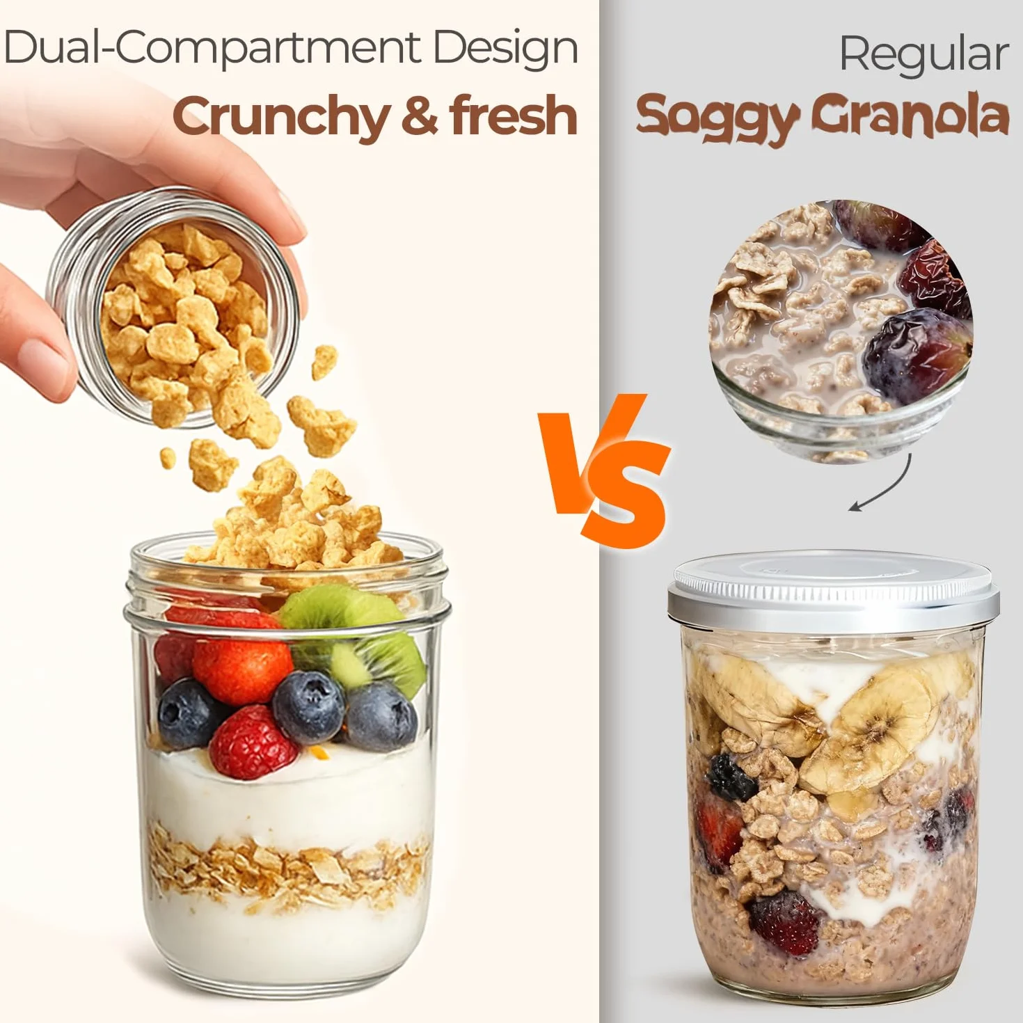 ComSaf Kubek na Musli na Wynos 4 szt., 480 ml ze Szklanego Pojemnika z Górną Przegródką 120 ml, Dwuwarstwowy Kubek na Jogurt do Pracy i Szkoły, dla Dorosłych i Dzieci, Idealny na Szybkie Śniadanie