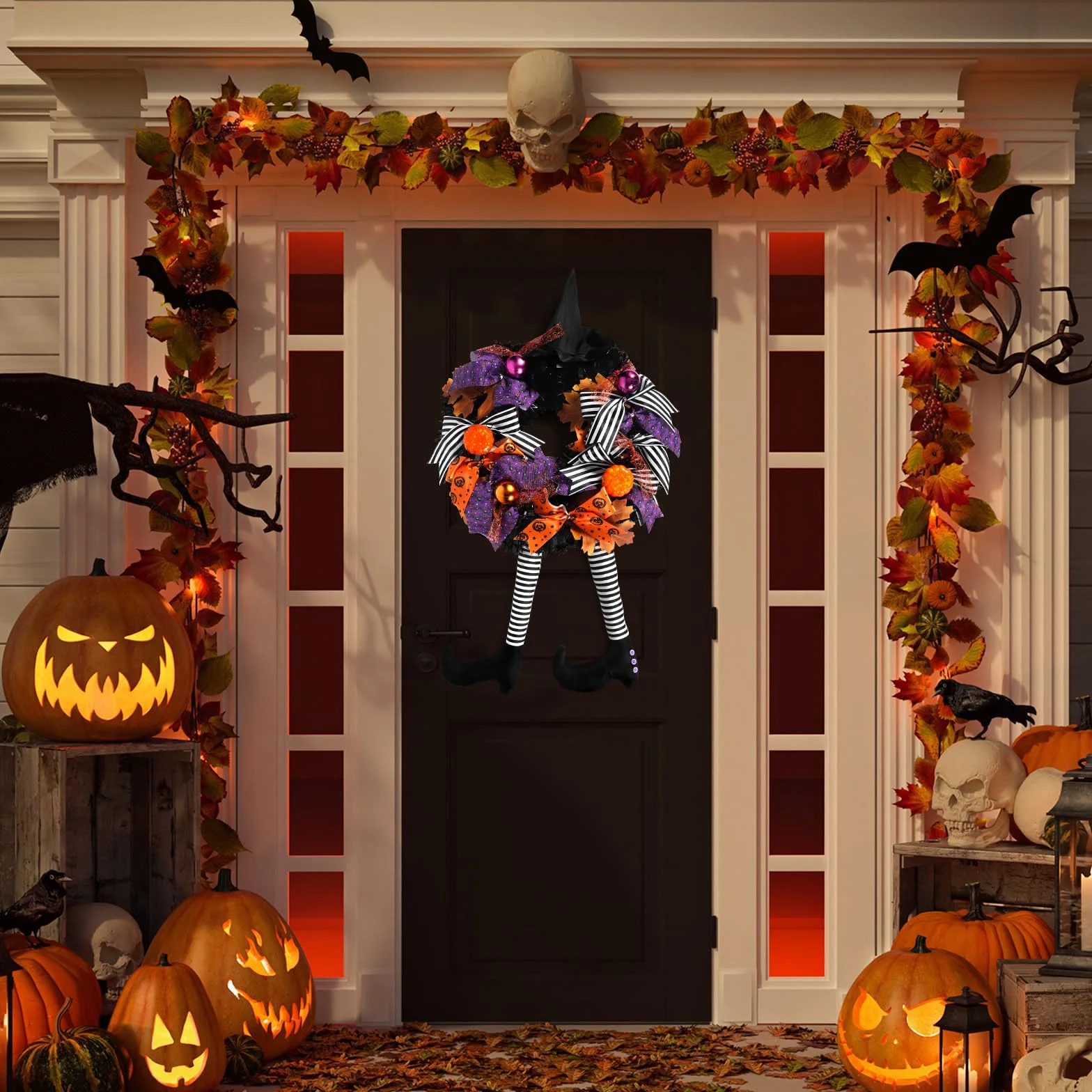 Halloweenowy Wieniec na Drzwi z Nogą Czarownicy, Strasznym Kapeluszem Wiedźmy i Dynią - Dekoracja na Halloween, Podwórko, Werandę, Okna