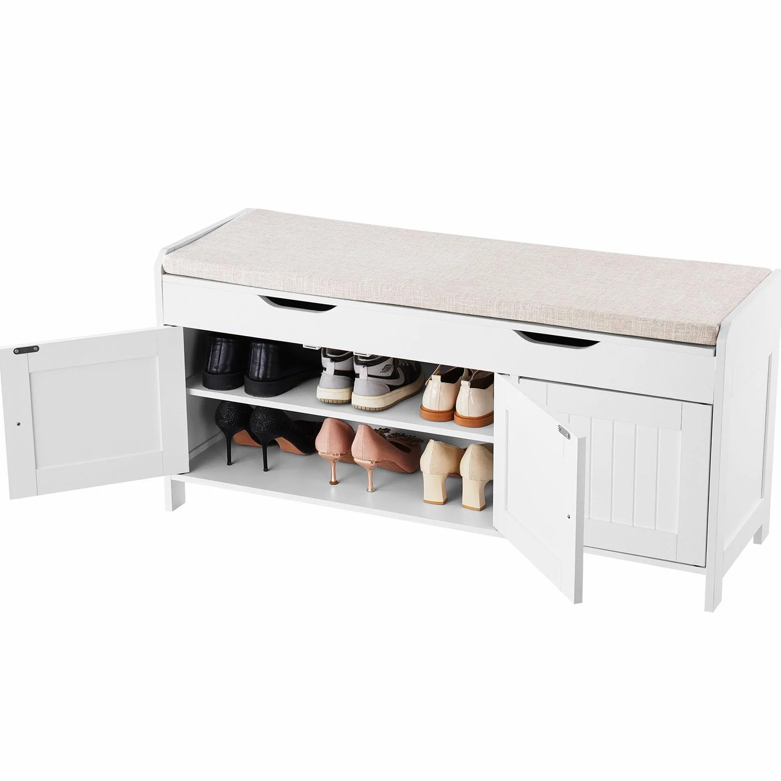 VEVOR Ławka na buty 105 x 35 x 50,3 cm, ławka wejściowa z 3 szafkami, półka z regulacją wysokości, organizer na podnoszoną tacę, poduszka do siedzenia, 113,4 kg, do sypialni, korytarza, biała i szara