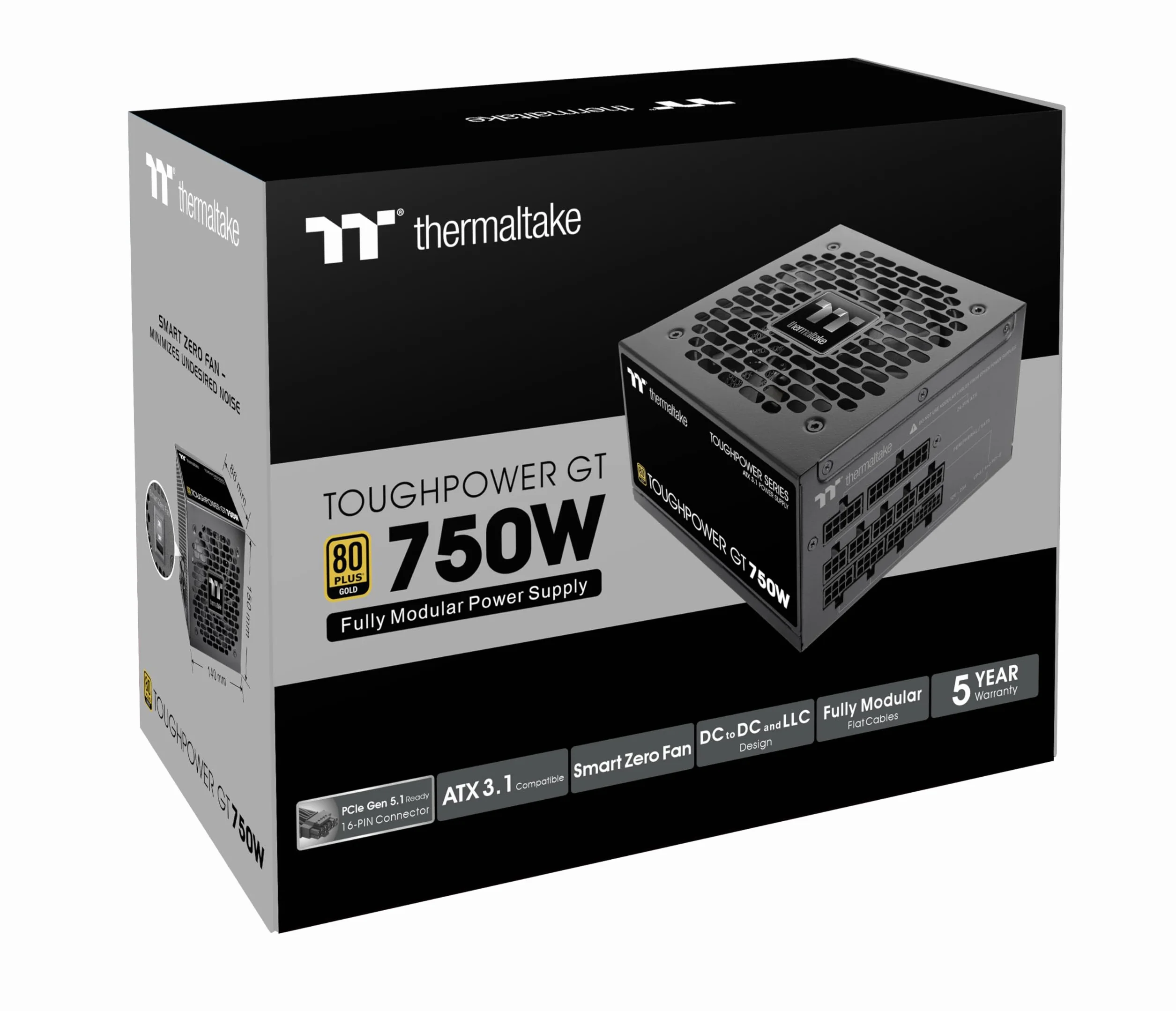 Thermaltake Toughpower GT 750W | ATX 3.1 | PCIe 5.1 12V-2x6-Anschluss | ultraleise Smart-Zero-Funktion | Low Profile Kabel | 80+ GOLD | Modular