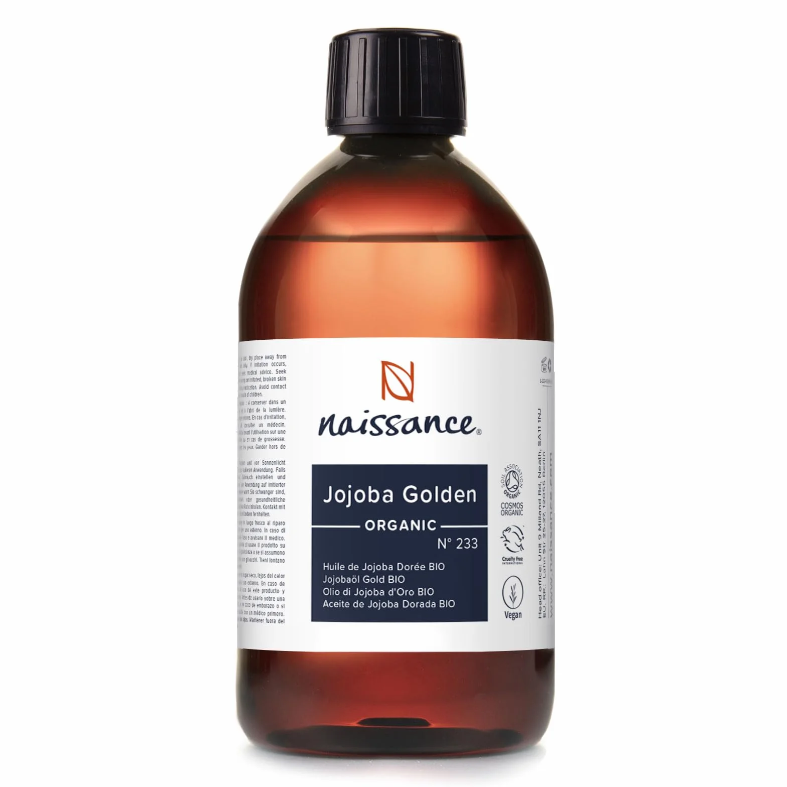 Naissance Organiczny Olej Jojoba (nr 233) 450ml - Nierafinowany Tłoczony na Zimno - Naturalny Olejek do Twarzy, Włosów, Paznokci, Brody, Ciała i Skórek
