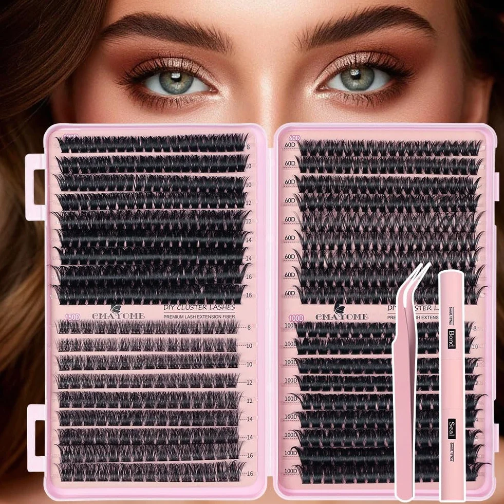 Aomig Zestaw do przedłużania rzęs, 722 szt., "zrób to sam", Cluster Lashes 8-16 mm, przyjazny dla środowiska materiał z efektem kociego oka, pęseta, klej, łącznie z rzęsami, naturalny wygląd, na co