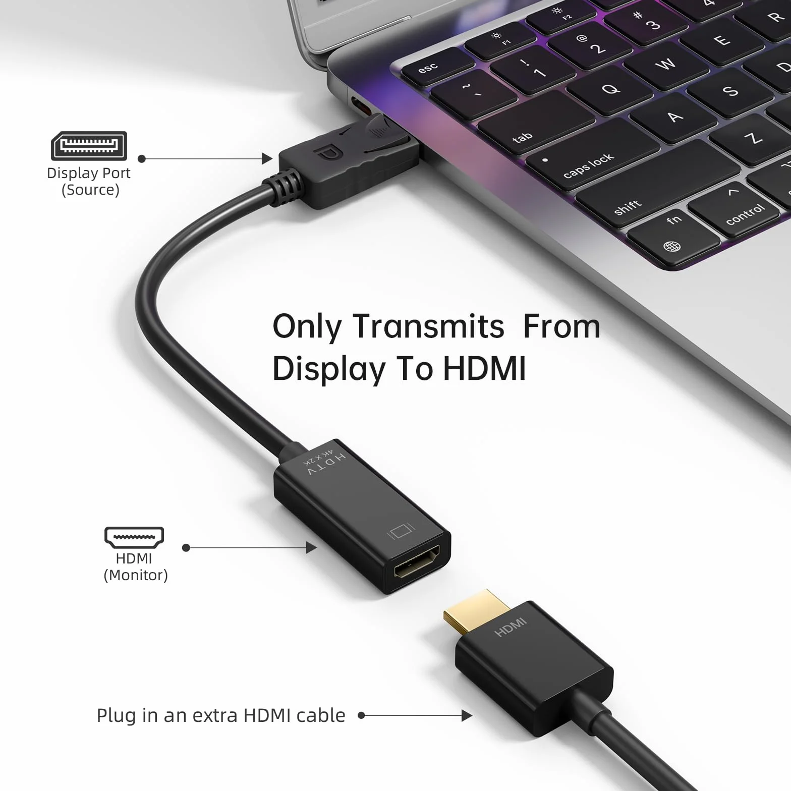 4K Adapter DisplayPort do HDMI [Jednokierunkowy] - DP do HDMI 4K@30Hz 2K@60Hz 1080P@120Hz - Kompatybilny z laptopem, PC, kartą graficzną, monitorem, TV, projektorem (Lenovo, HP, Dell, AMD, NVIDIA)
