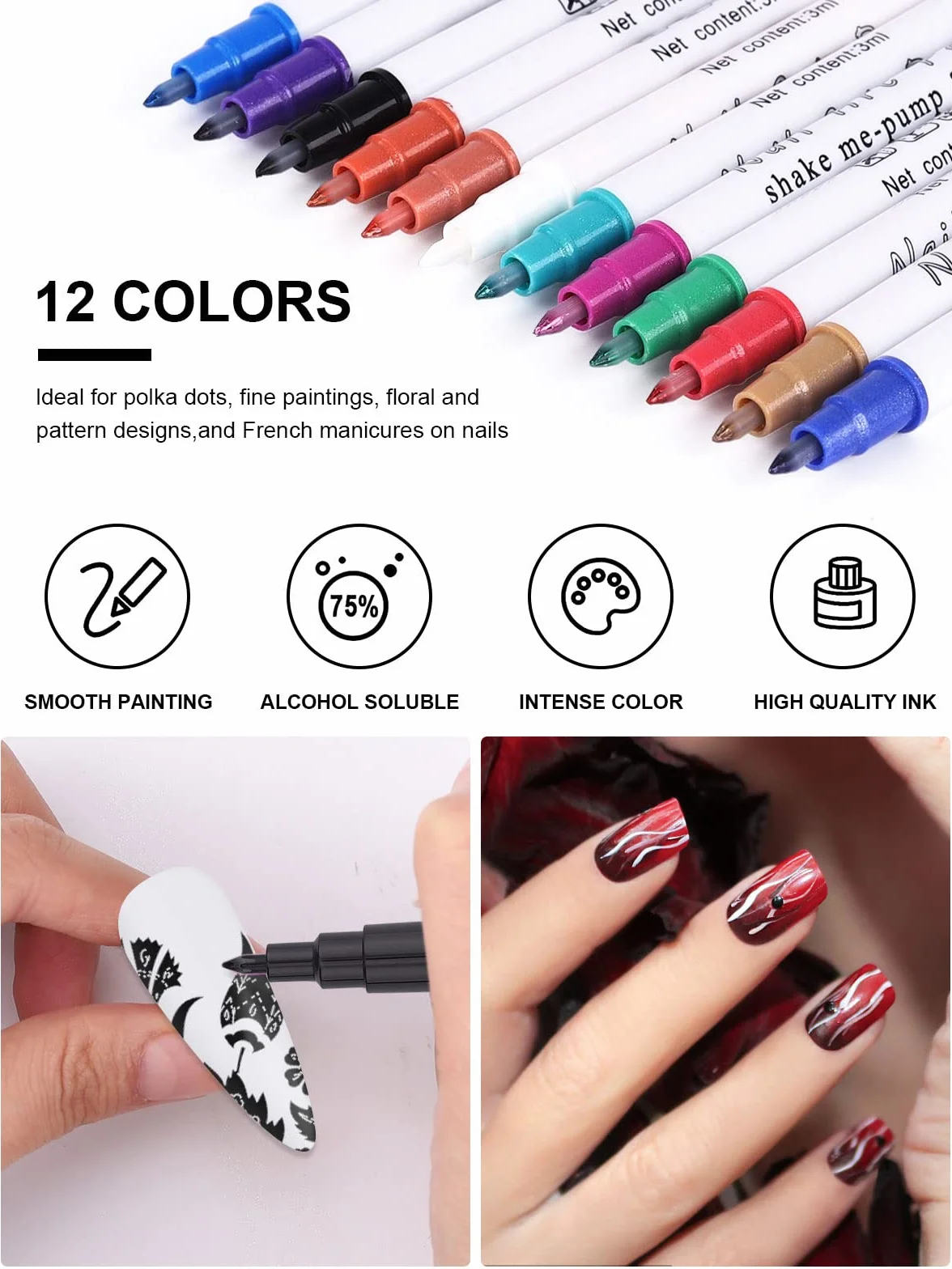 Zestaw 12 piór do paznokci z metalicznym proszkiem 3D, Kalolary Nail Point Graffiti Dotting Pen Drawing Painting Liner Brush do wykonywania zdobień i malowania paznokci w stylu DIY. Narzędzia do manicure i zdobienia paznokci (C)