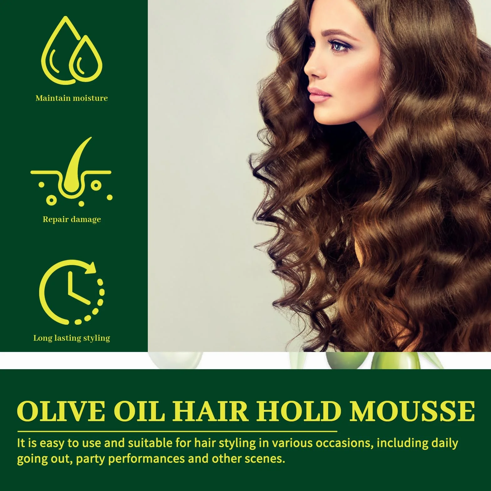 Olive Oil Volume Styling Mousse, Curl Defining Cream, mus do stylizacji włosów, nawilżająca stylizacja włosów z oliwą z oliwek, lekka pianka do włosów z elastycznym trzymaniem, nadaje się do