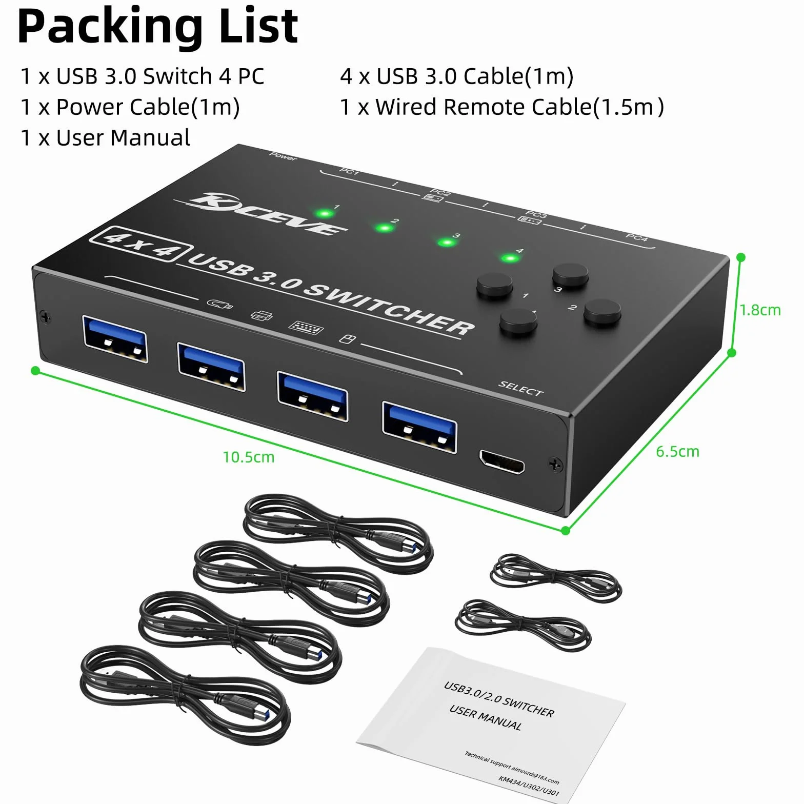 USB 3.0 Switch 4 PC, USB Switch 4 in 4 out dla 4 Komputery Udostępnianie Mysz i Klawiatura, Wired Remote (8K USB-B 4 in 4 out)