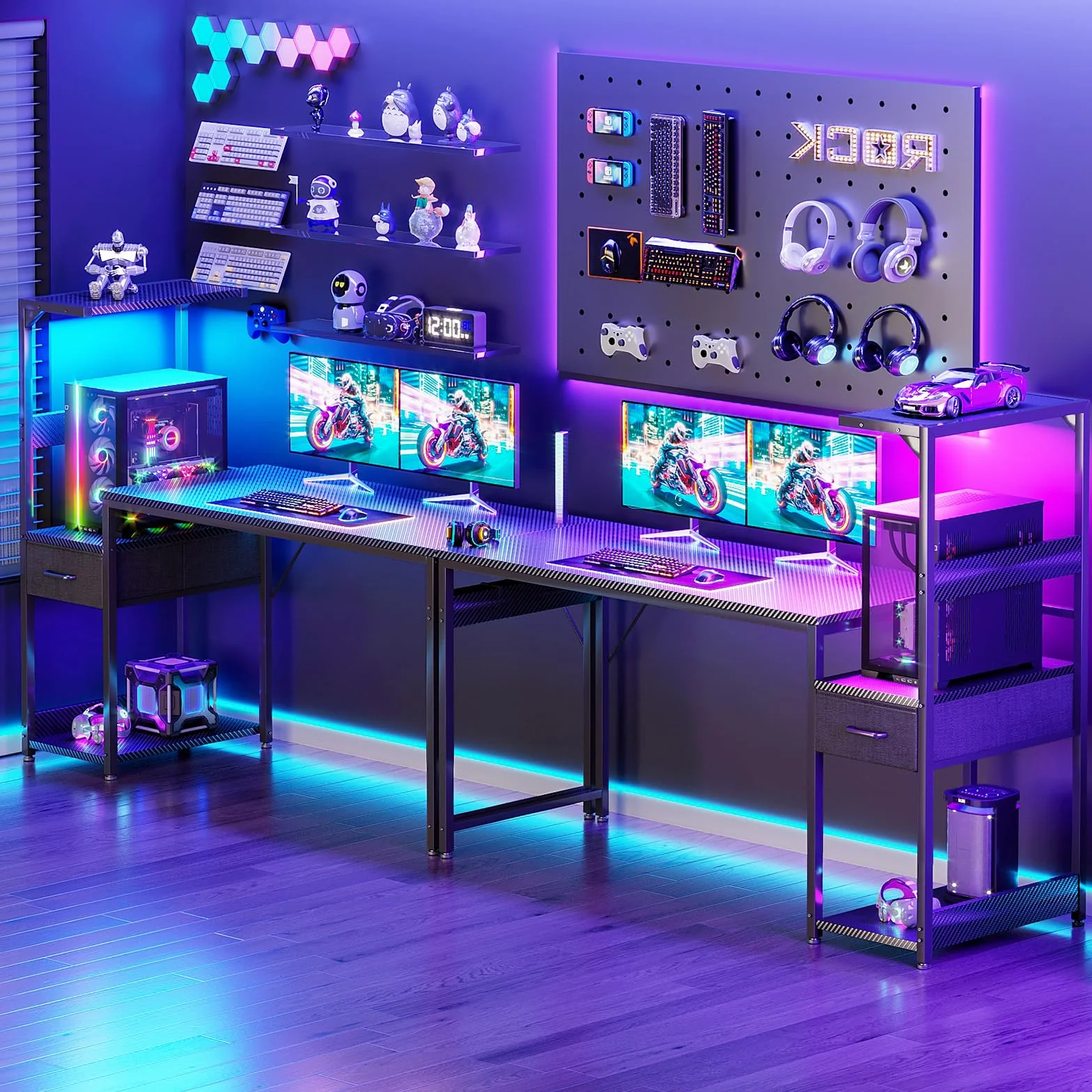 Coleshome Biurko gamingowe z oświetleniem LED, 138×48 cm, Czarne włókno węglowe