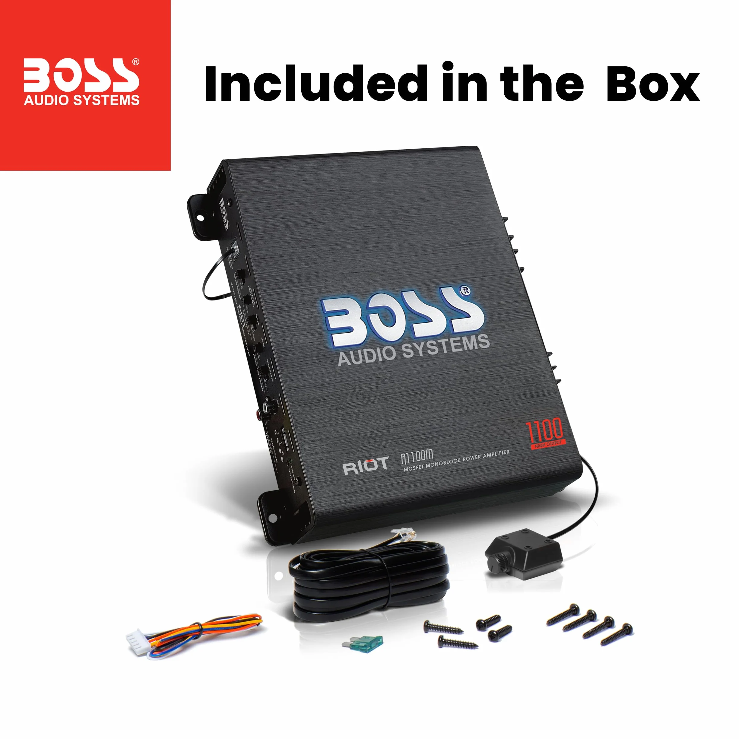 BOSS Audio Systems Wzmacniacz samochodowy monoblokowy R1100M - wysoka moc wyjściowa 1100, stabilny 2-8 omów, wejścia niskie/wysokiego poziomu, zwrotnica dolnoprzepustowa, zasilacz MOSFET