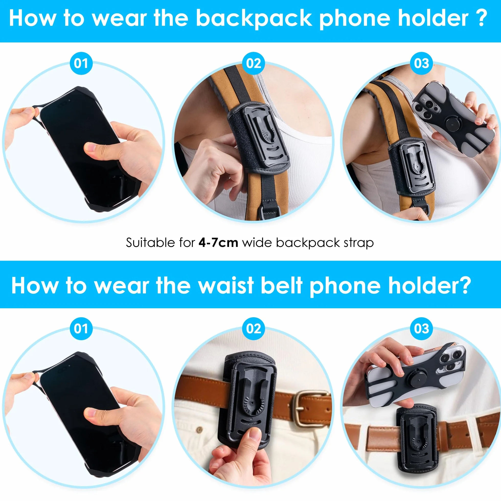 Plecak na telefon, klips na pasek do plecaka 2 w 1 i uchwyt na telefon do iPhone'a 11.4-17.8 cm, obracany o 360°, zdejmowany, bezpieczne dopasowanie 4-7 cm szerokie paski plecaka, idealny na