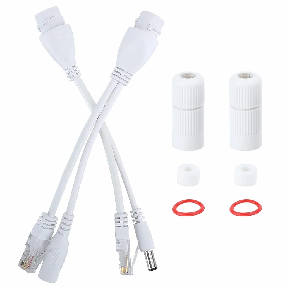 2 szt. PoE Injector and PoE Splitter Kit, DC12V POE Adapter Kabel Niestandardowy wodoodporny rozdzielacz wtryskiwaczy, 10/100 Mbps Cat5/5e/6 Standardowy kabel sieciowy (biały)