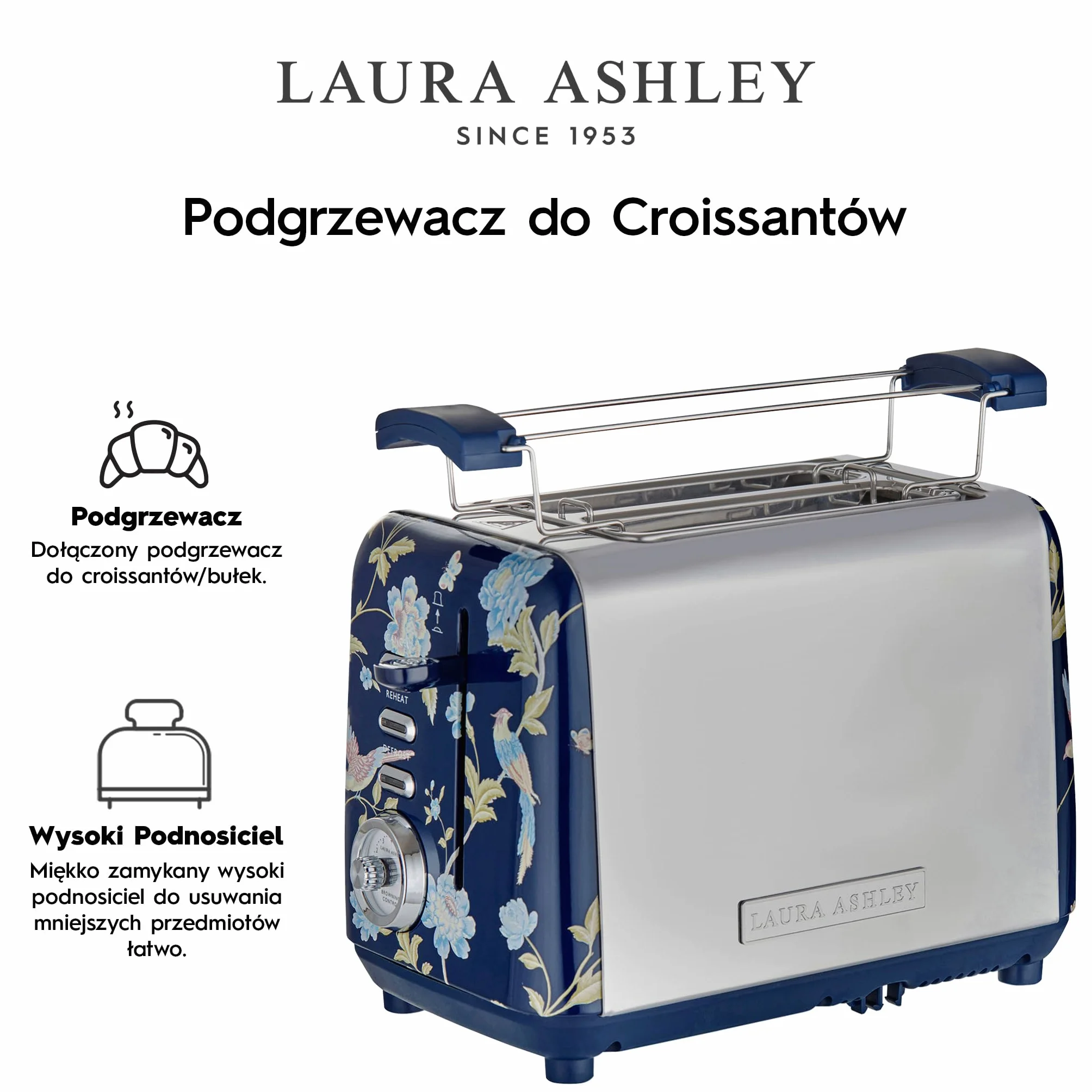Laura Ashley Toster 2 Kromki z Regulowanym Trybem Podgrzewania, Rozmrażania i Ponownego Podgrzewania Elveden Navy