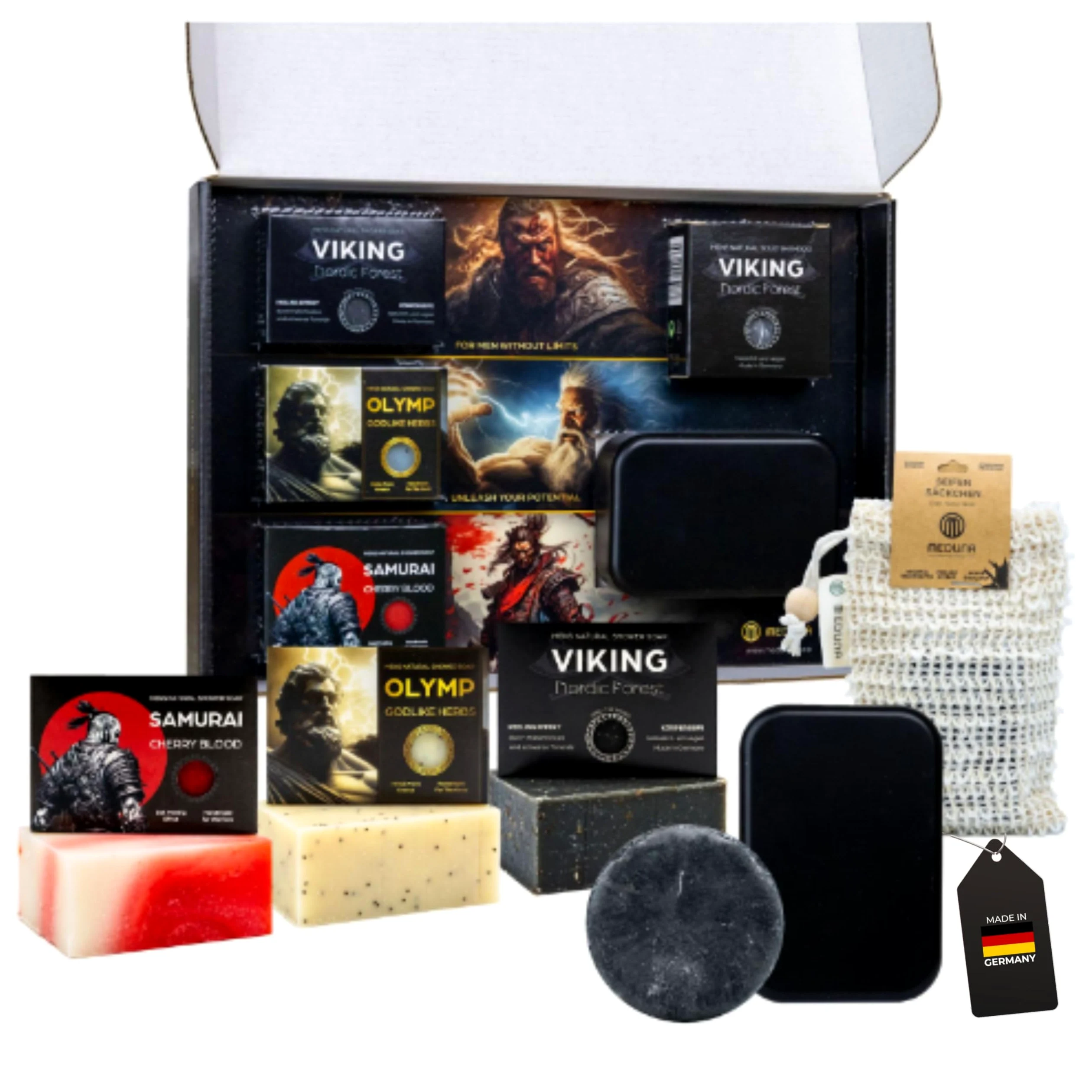 MEDUNA Mega mydło, zestaw 3 x 100 g mocnego mydła naturalnego + mocny szampon + przechowywanie - mydło do pielęgnacji - mydło do ciała do wszystkich rodzajów skóry - prezent dla mężczyzn - Made in