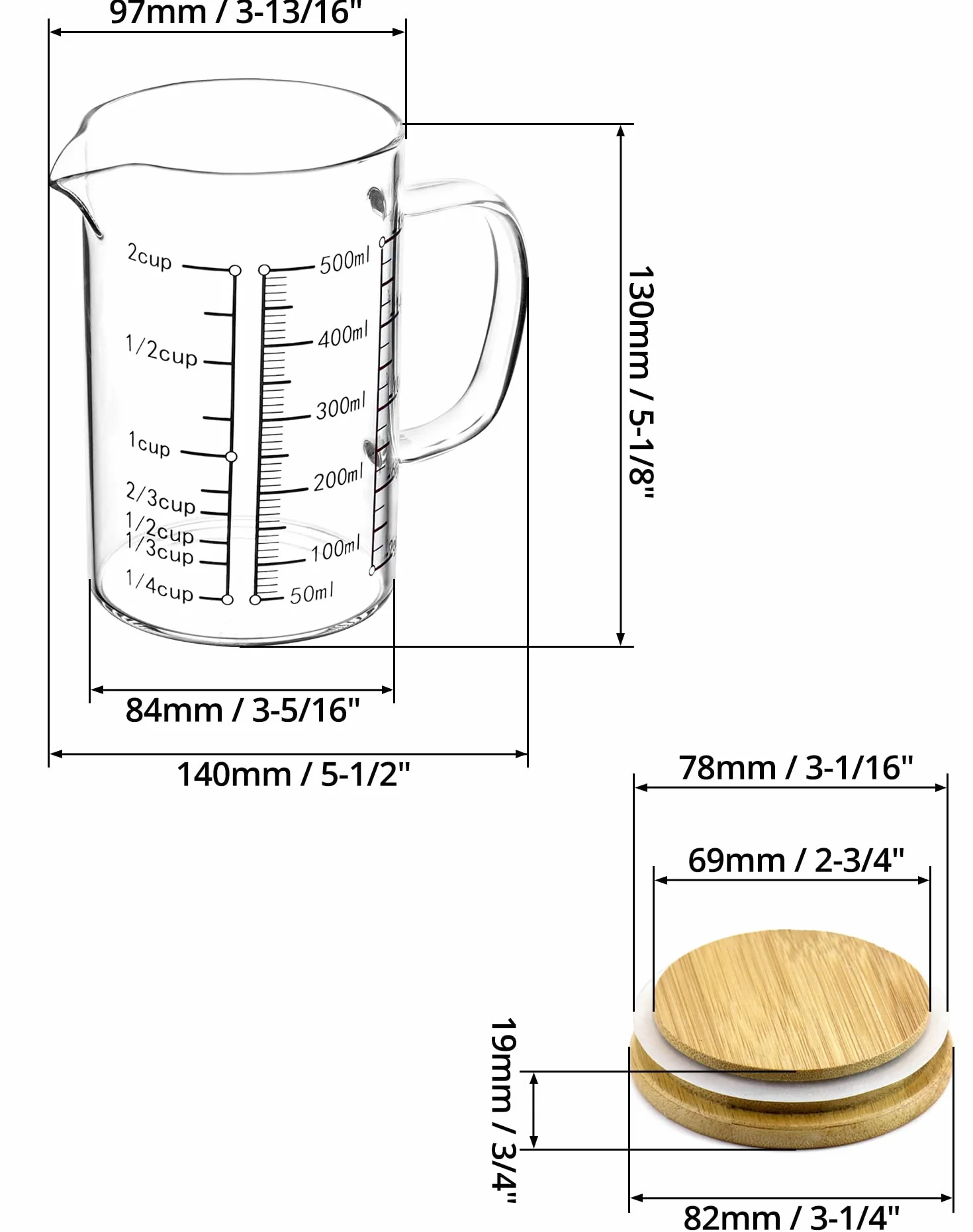QWORK 500ml Szkło borokrzemowe Miara z bambusową pokrywką, odporne na temperaturę, mikrofalowa, piekarnik