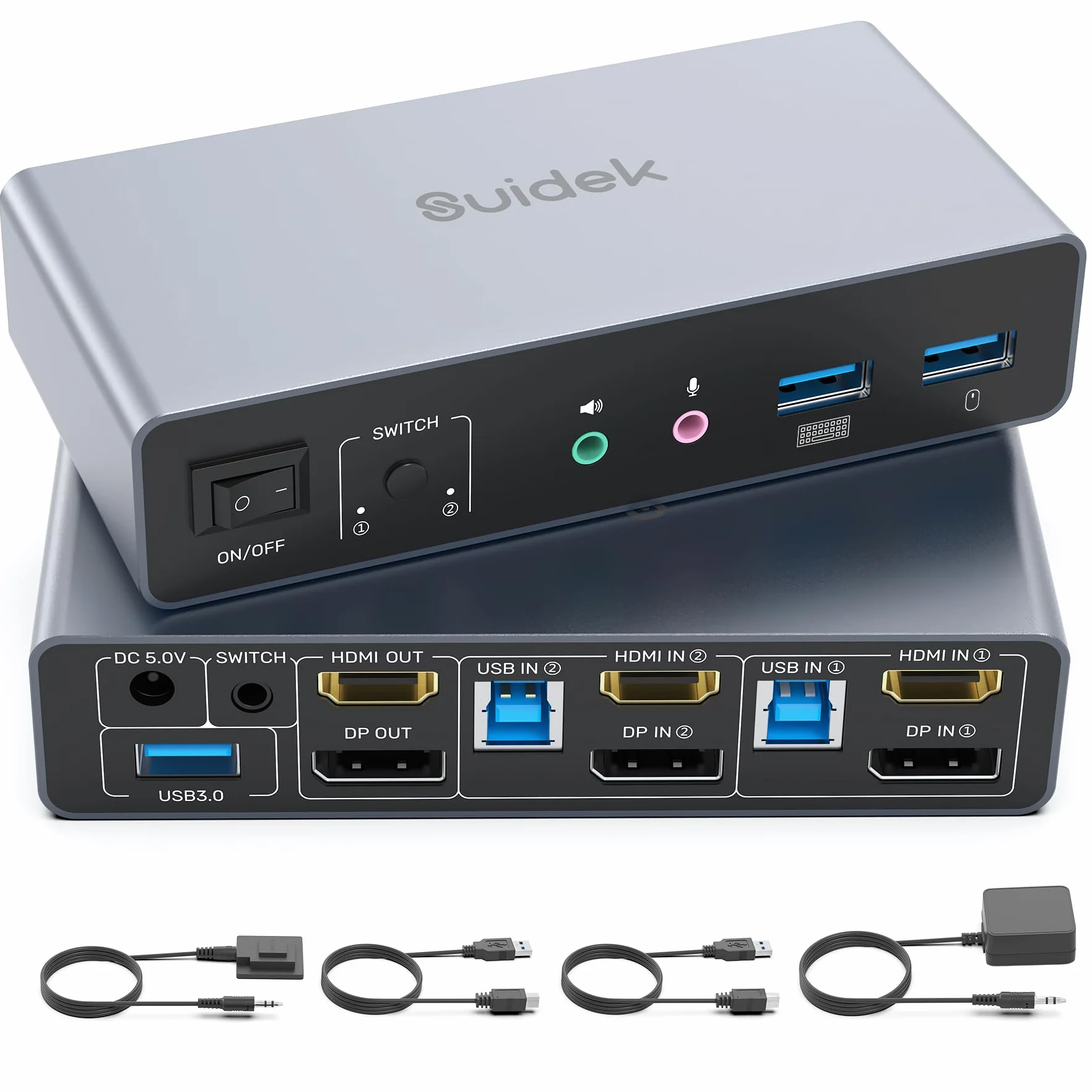 SUIDEK Przełącznik HDMI Displayport KVM, 2 komputery, 2 monitory, 4K 60 Hz, przełącznik KVM, podwójny monitor do 2 PC, 3 porty USB 3.0, obsługa trybu Extended/Mirror z kontrolerem na pulpicie i 2