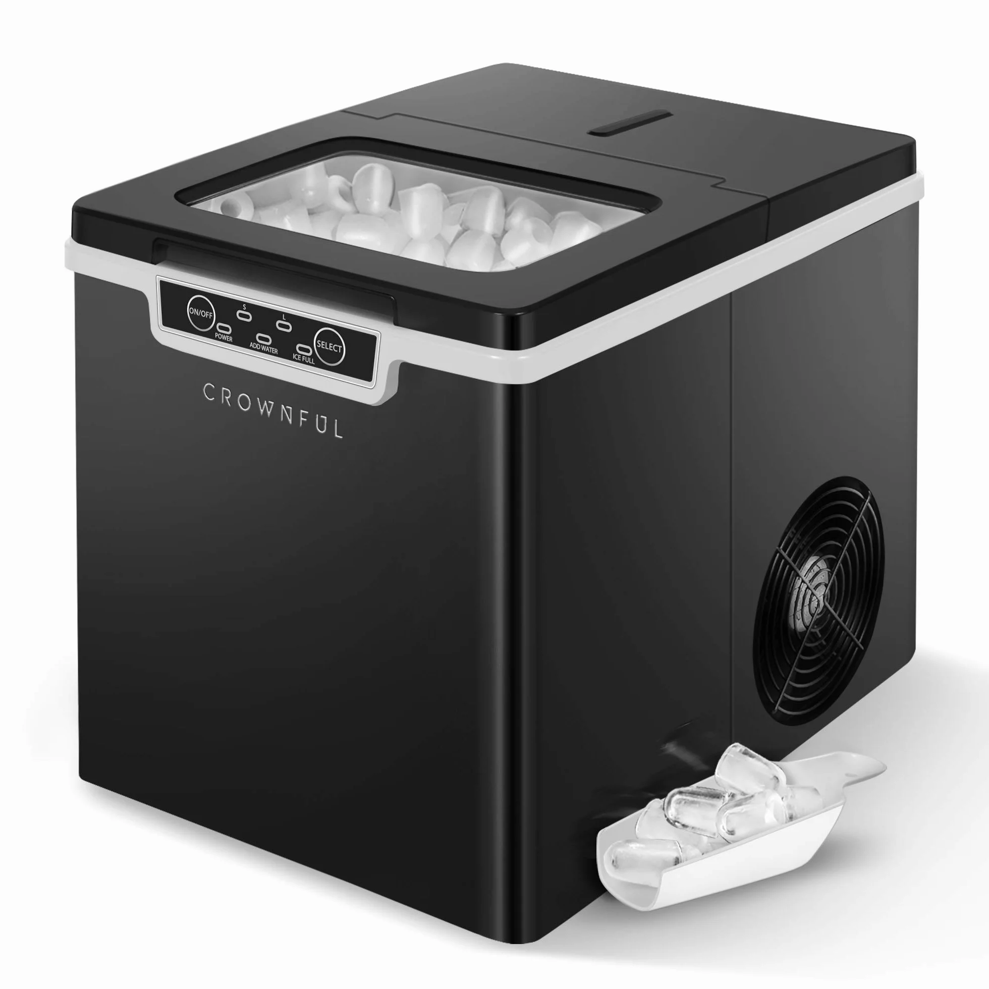 CROWNFUL Kostkarka do lodu, maszyna do lodu, 9 kostek lodu gotowe w 8-10 minut, 26 lbs w 24 h, elektryczna maszyna do lodów z szufelką i koszem, czarna
