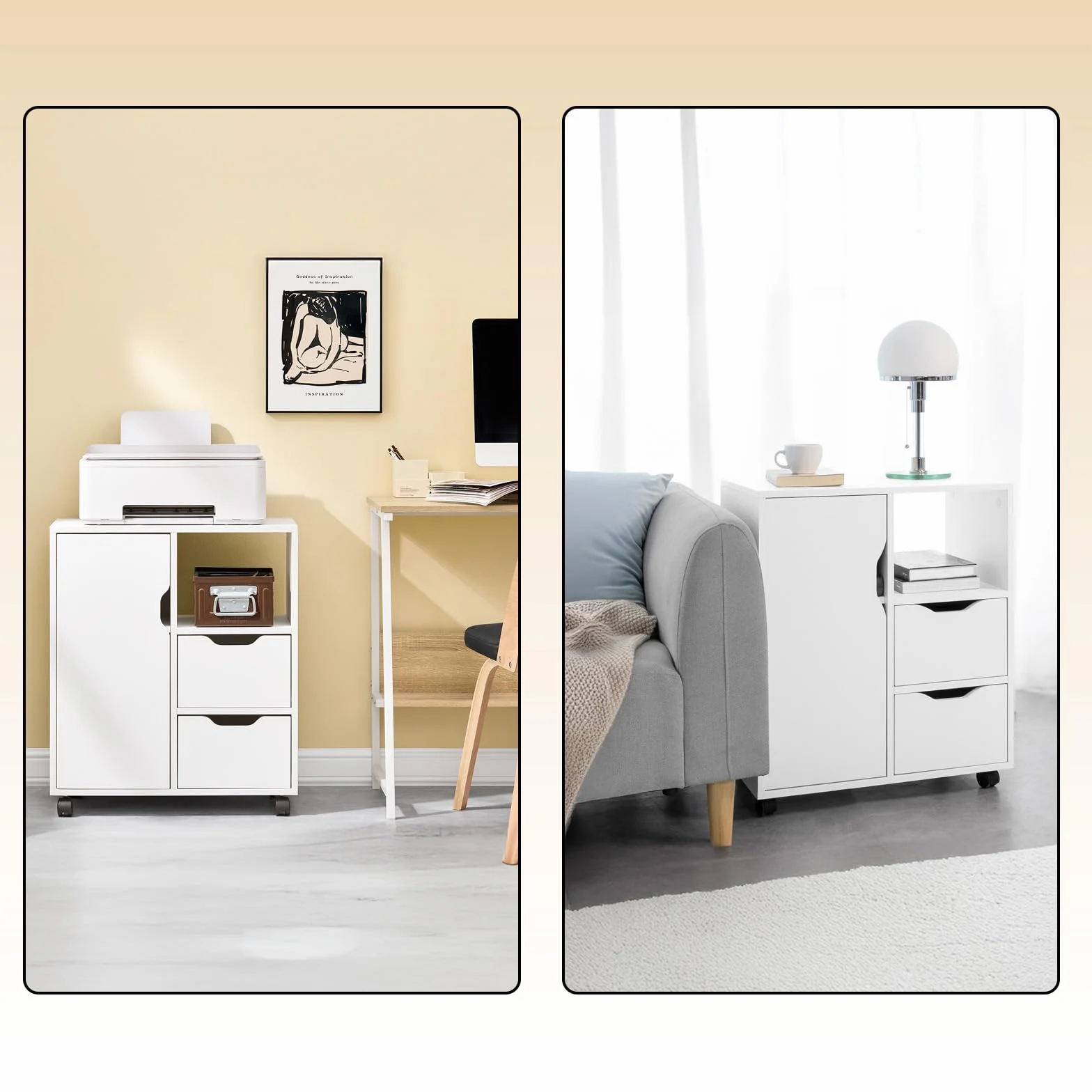 SoBuy Szafka na Drukarkę 2 Szuflady 1 Drzwi Mobilna na Kółkach Biała 60x35x70 cm FBT105-W