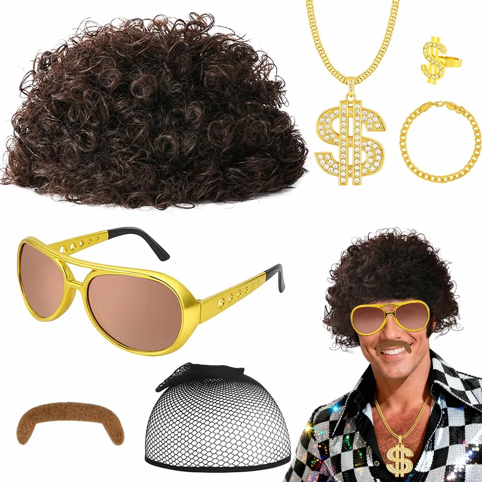 AUYAO Kostium hipisowski w stylu lat 60. i 70. XX wieku, fantazyjny kostium, akcesoria męskie, Funky Afro, peruka hipisowska, lata 80., dyskoteka, gorączka, hipisowska peruka, zestaw włosów z czarną