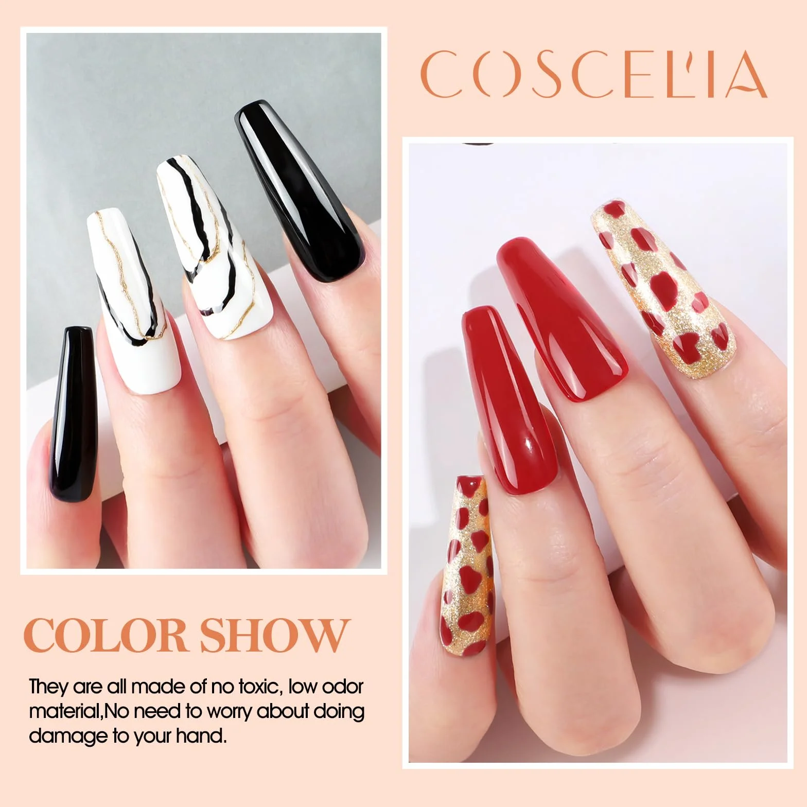 COSCELIA Kompletny zestaw do manicure, 6 szt., półtrwały lakier biały, czerwony, różowy, czarny, 3 szt. żelowych paznokci z lampą do paznokci
