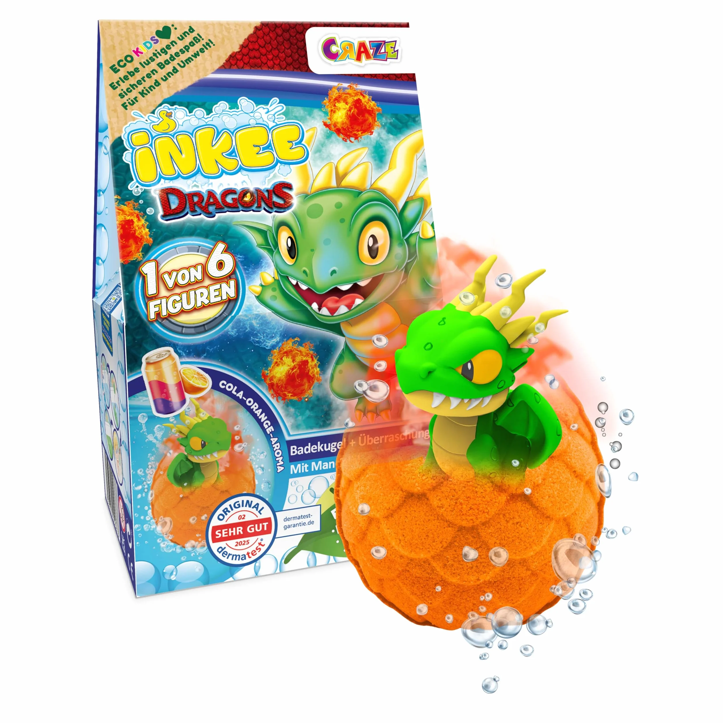INKEE Surprise Dragons – Bomba do Kąpieli dla Dzieci z Niespodzianką, Figurką Smoka w Środku – Kula do Kąpieli z Aromatem Cola-Pomarańcza – Kule do Kąpieli z Niespodzianką (1x100g)