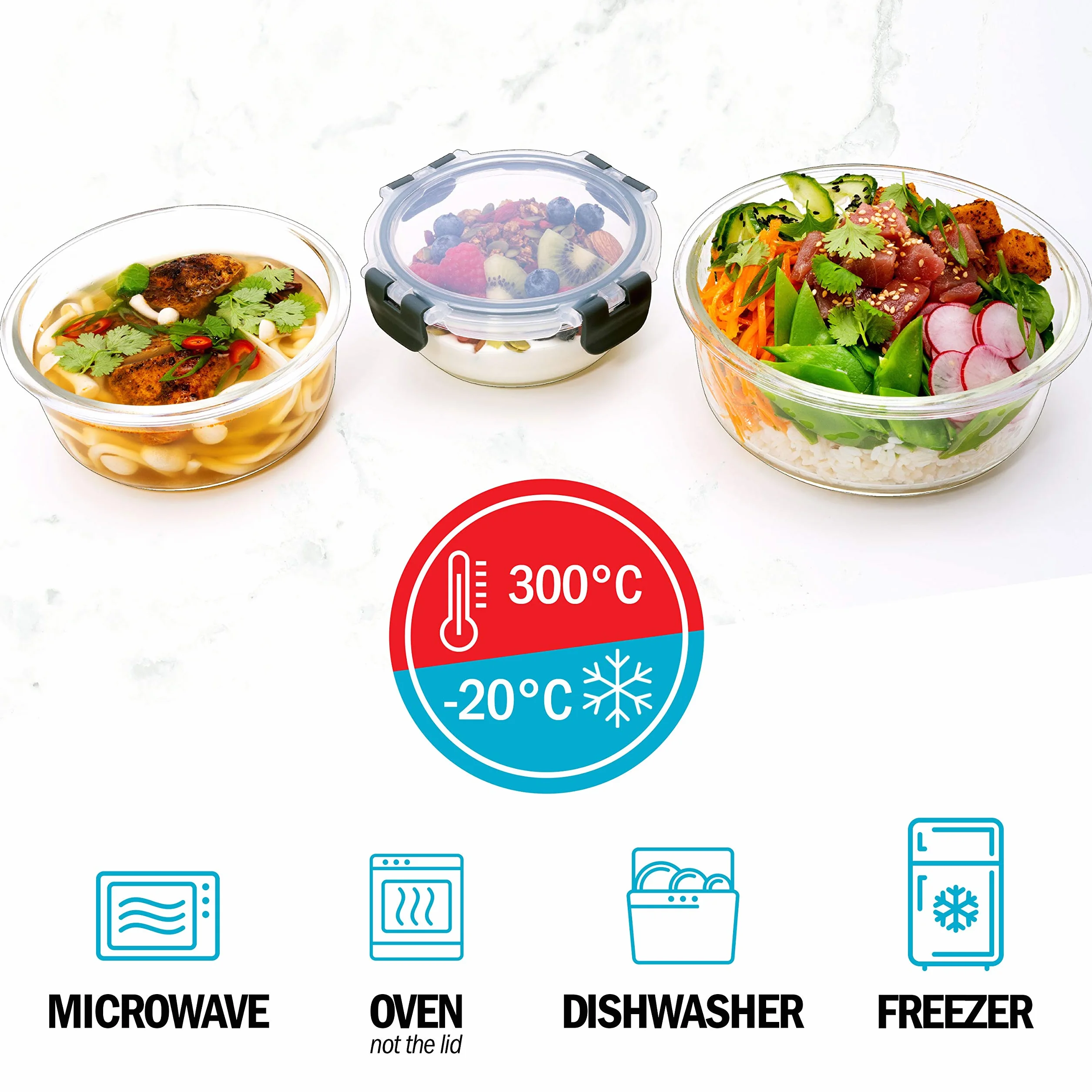 Igluu Meal Prep – Szklane pojemniki na żywność okrągłe z pokrywkami (3 szt.) – Hermetyczne, Bez BPA – Do piekarnika, mikrofalówki, zamrażarki i zmywarki – 400 ml, 650 ml i 950 ml – Szkło borokrzemowe