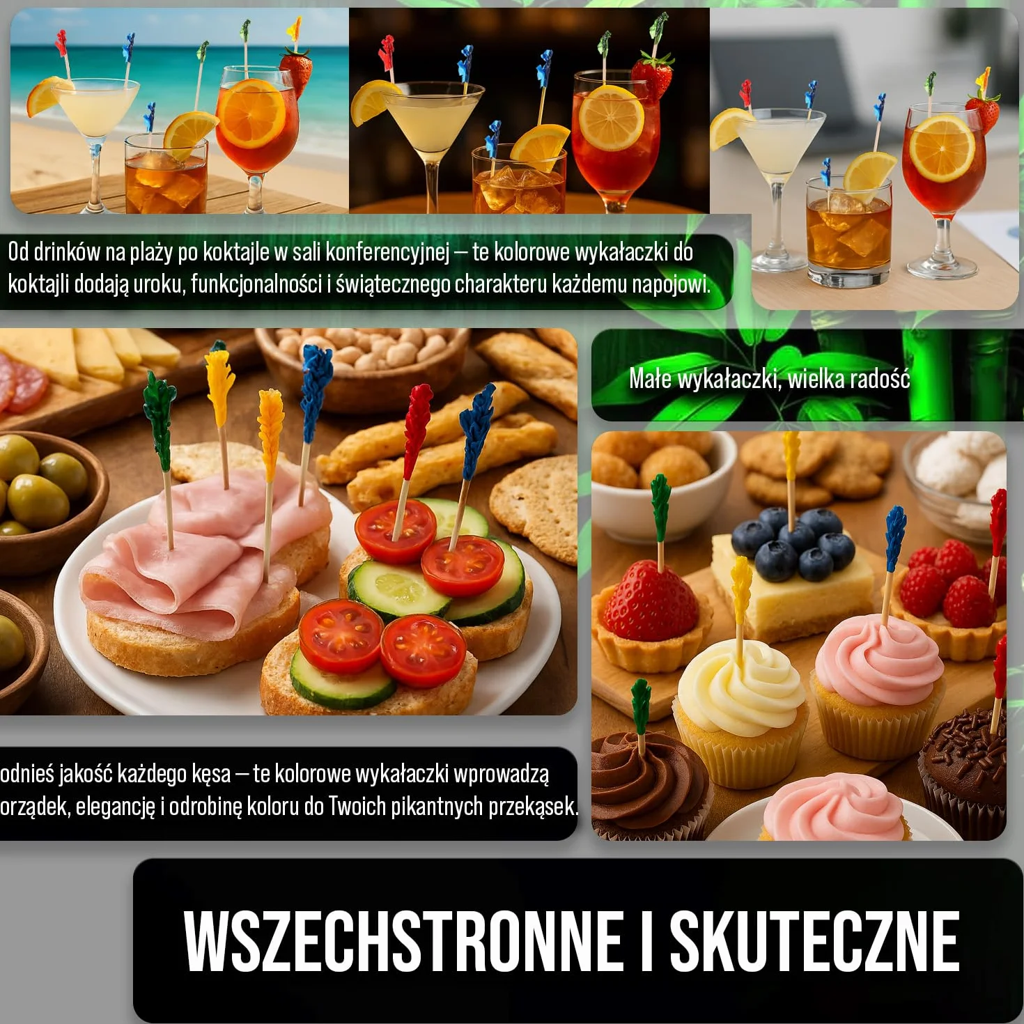 Kolorowe Bambusowe Wykałaczki z Frędzlami 6,5 cm 500 Sztuk Czerwone Złote Zielone Niebieskie