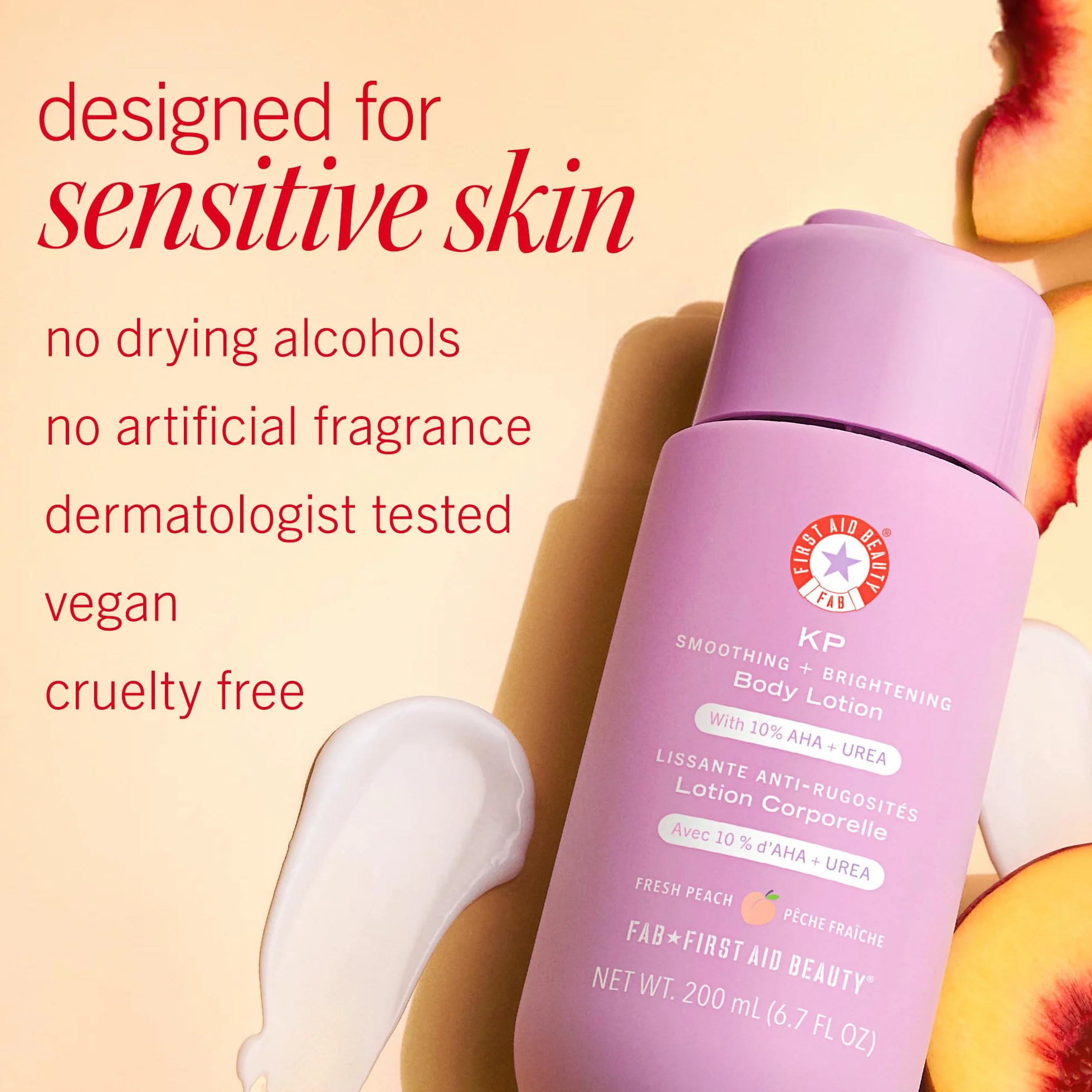 First Aid Beauty – Balsam do ciała KP z 10% AHA, kwasem mlekowym, mocznikiem i owsianką koloidalną, złuszcza, nawilża, usuwa grudki KP, nowy zapach brzoskwiniowy, 190 g