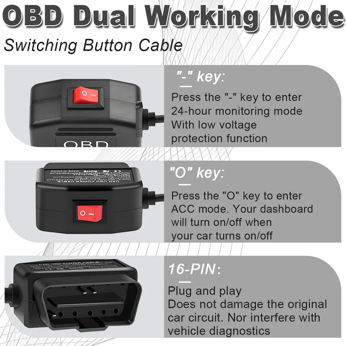 ZAMDOE Mini USB OBD Kabel zasilający Adapter do Dashcam OBD2 Kąt Mini USB z przełącznikiem 90 stopni Monitorowanie 24 godziny tryb Acc 12 V-24 V do 5 V/3 A 3,5 m