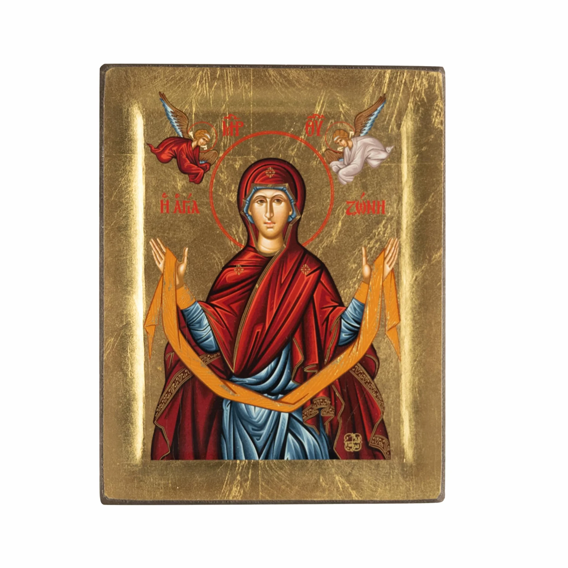 Drewniana ikona Panagia Agia Zoni tłoczona na płótnie ze złotym tłem z góry Athos 19 x 15 cm