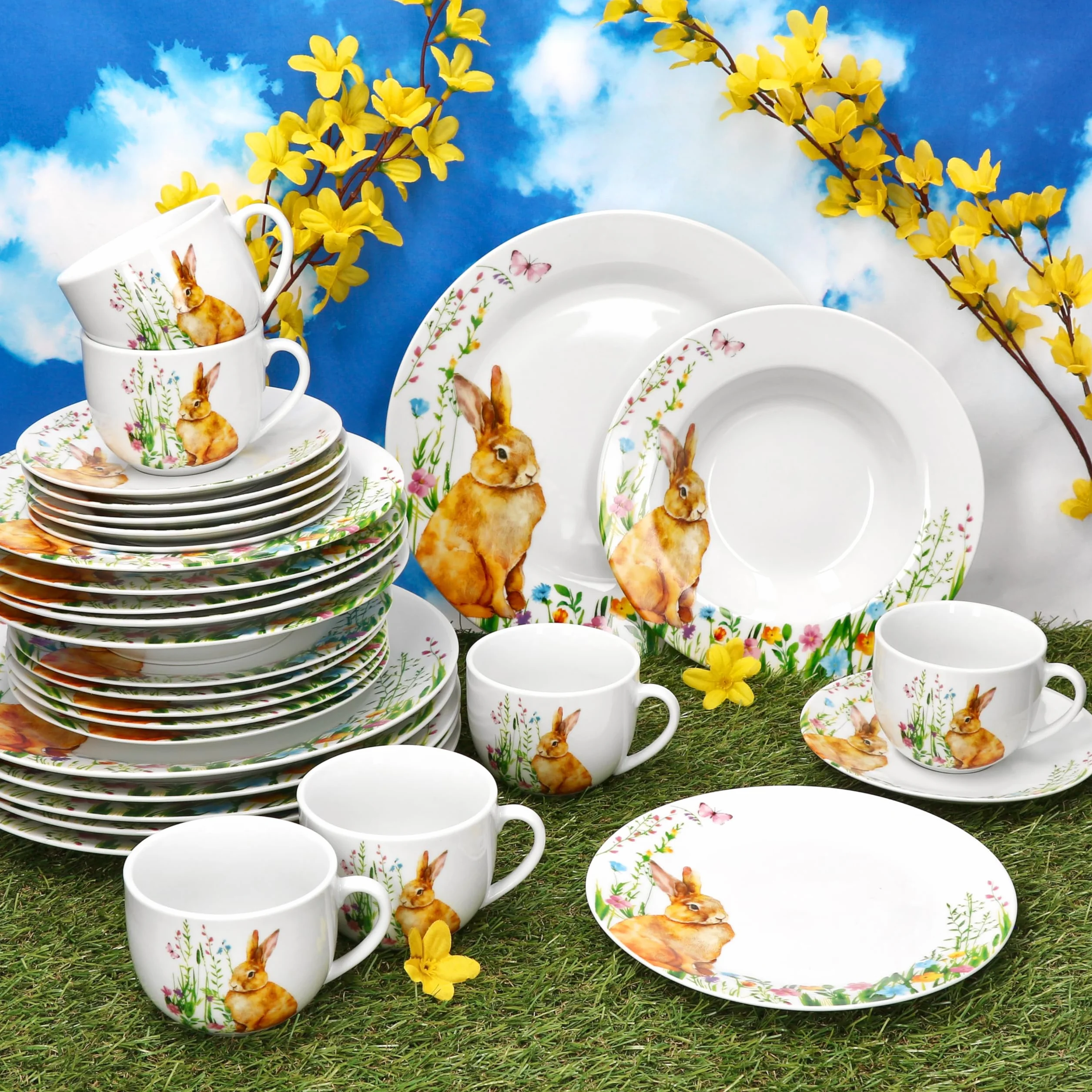MamboCat 30-częściowy porcelanowy serwis wielkanocny z dekoracją zajączka dla 6 osób