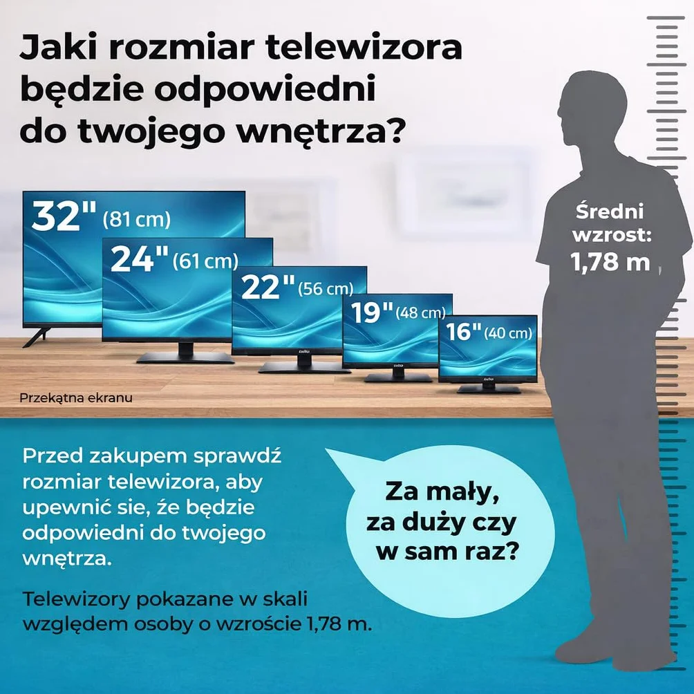 Cello C1626TZH 16" Smart TV z Tizen OS, Cloud gaming, Bluetooth, dźwięk "Pitch Perfect", idealny do kuchni, mieszkań i kompaktowych pomieszczeń, zasilanie sieciowe, potrójny tuner