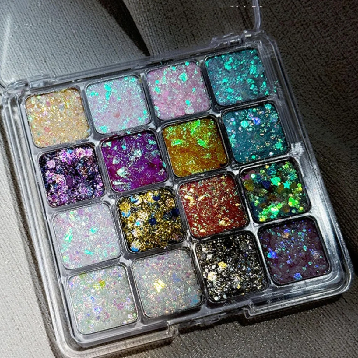 Paleta brokatowa do twarzy, 16 kolorów, cienie do powiek, cekiny, błyszczące oczy, brokat, ciało, błyszczyk, perłowy, błyszczący brokat, do makijażu, na festiwal, karnawał