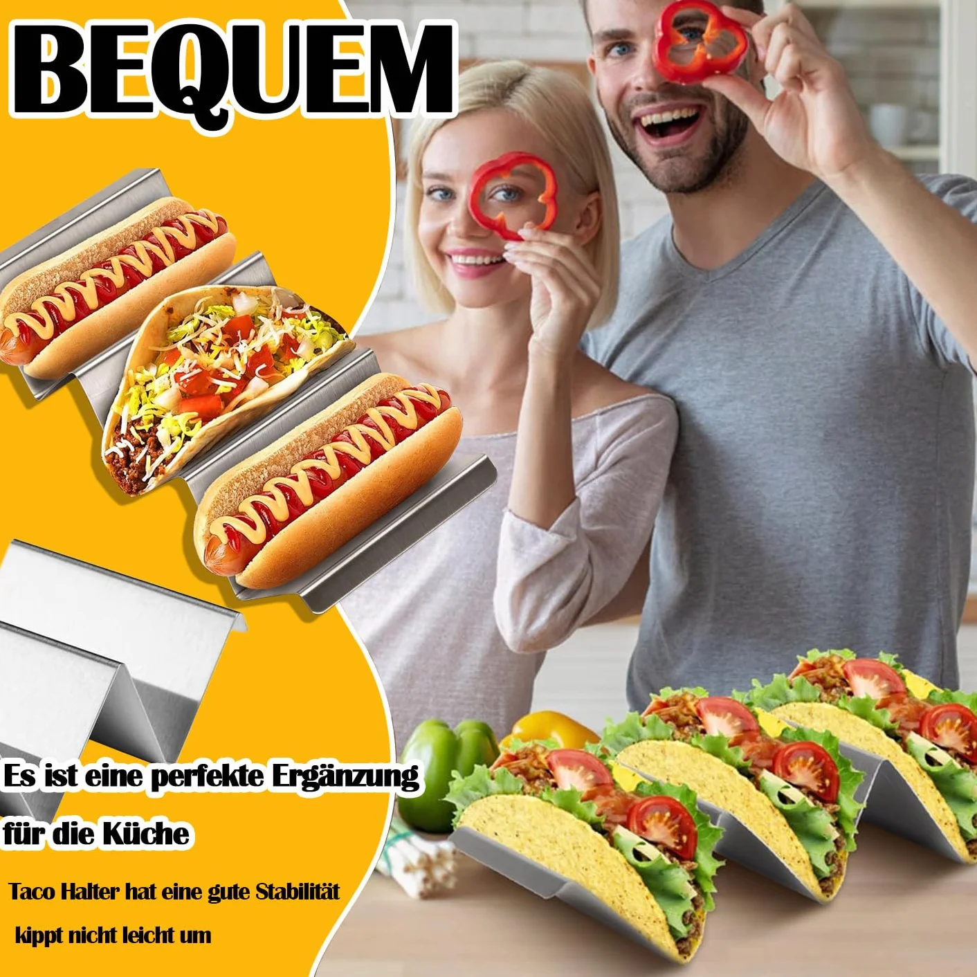 Stalowe Uchwyty do Taco w Kształcie Fali, Nadają się do Mycia w Zmywarce, do Przechowywania Tacos i Kanapek