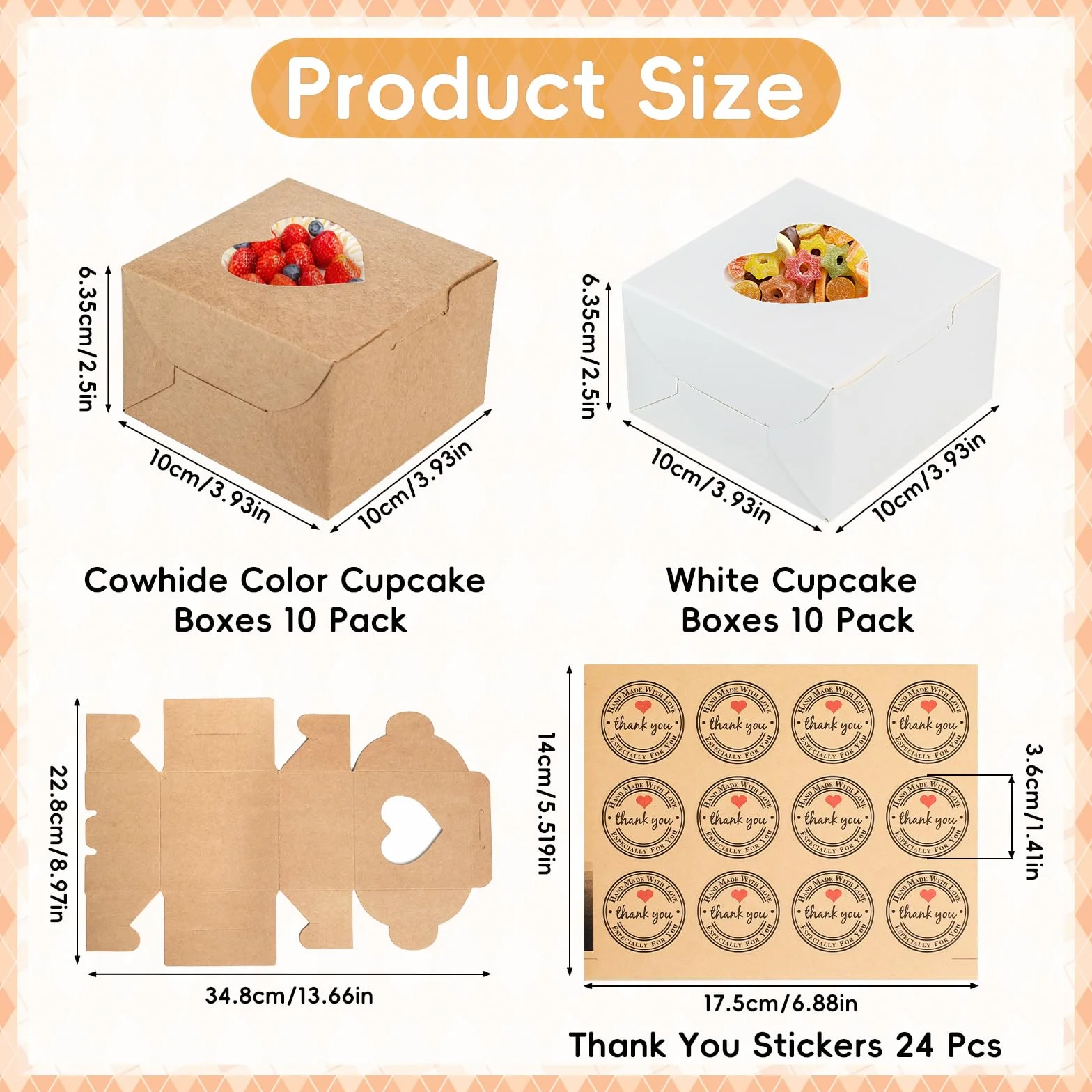 Pudełka na ciasto 10 cm brązowe białe z okienkiem 24 naklejki