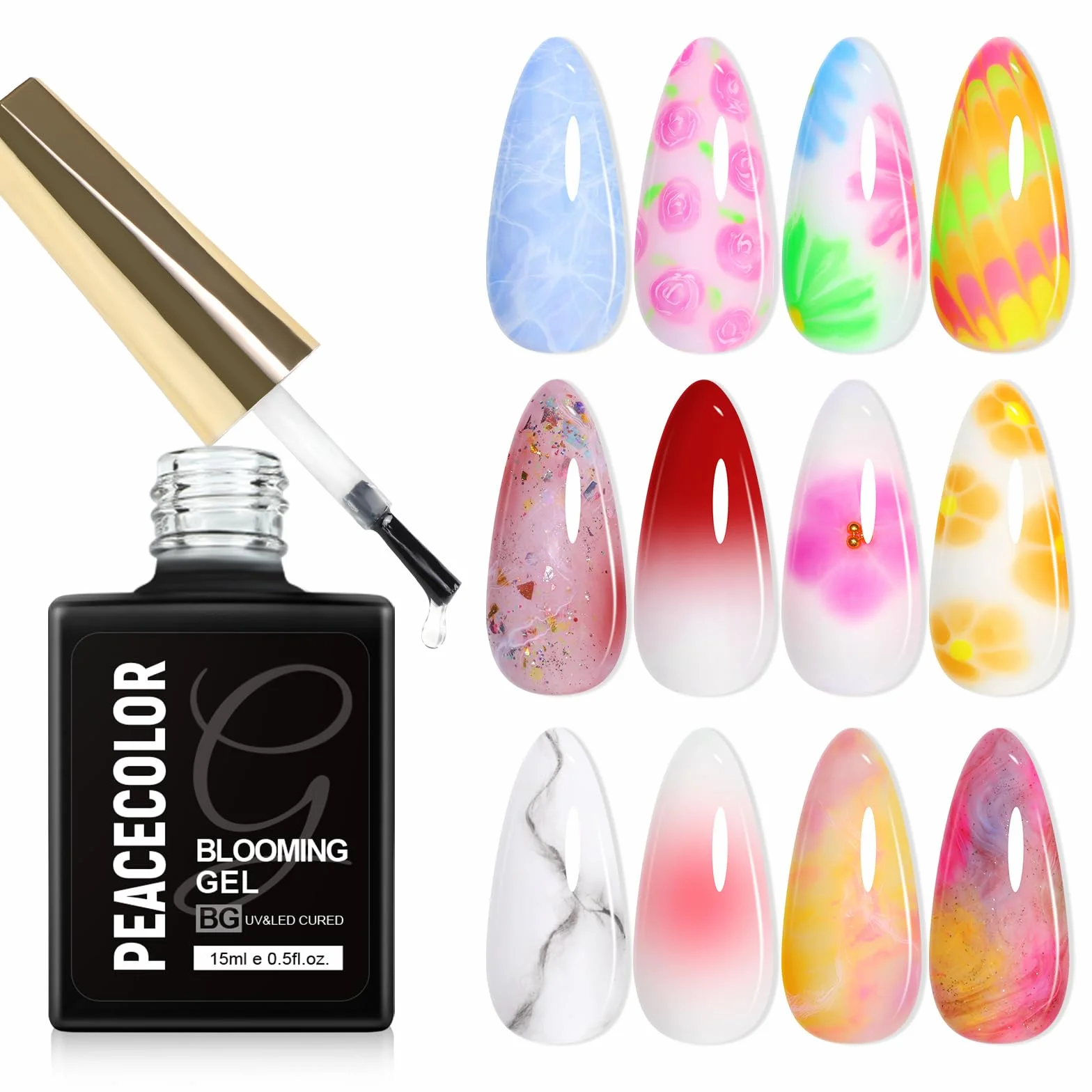 PEACECOLOR 15 ml żel do paznokci UV do rozprowadzania, przezroczysty marmurowy paznokieć, kwiaty, akwarela, nadruk kwiatowy, do manicure zrób to sam i dla początkujących