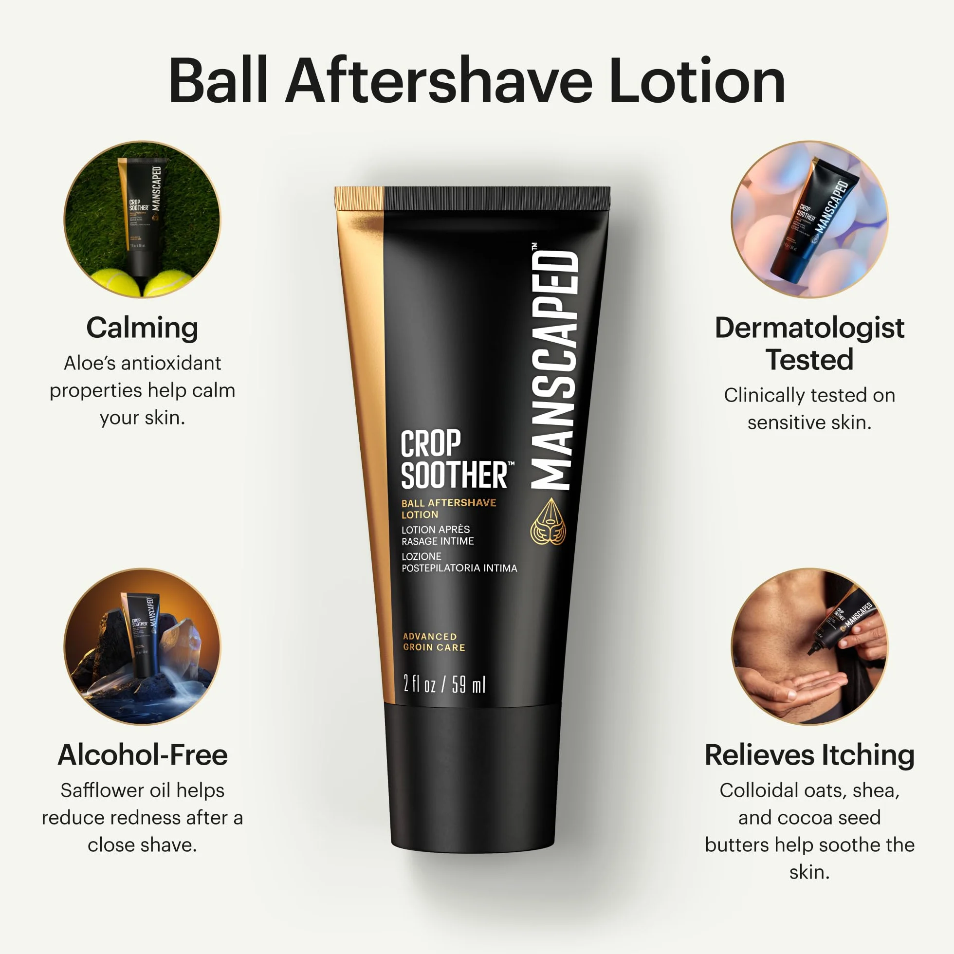 MANSCAPED® Crop Soother™ Płyn po goleniu do pielęgnacji pachwin – z dodatkiem aloesu, koloidalnego owsa, masła shea, masła z nasion kakaowca i oleju szafranowego o działaniu kojącym i łagodzącym