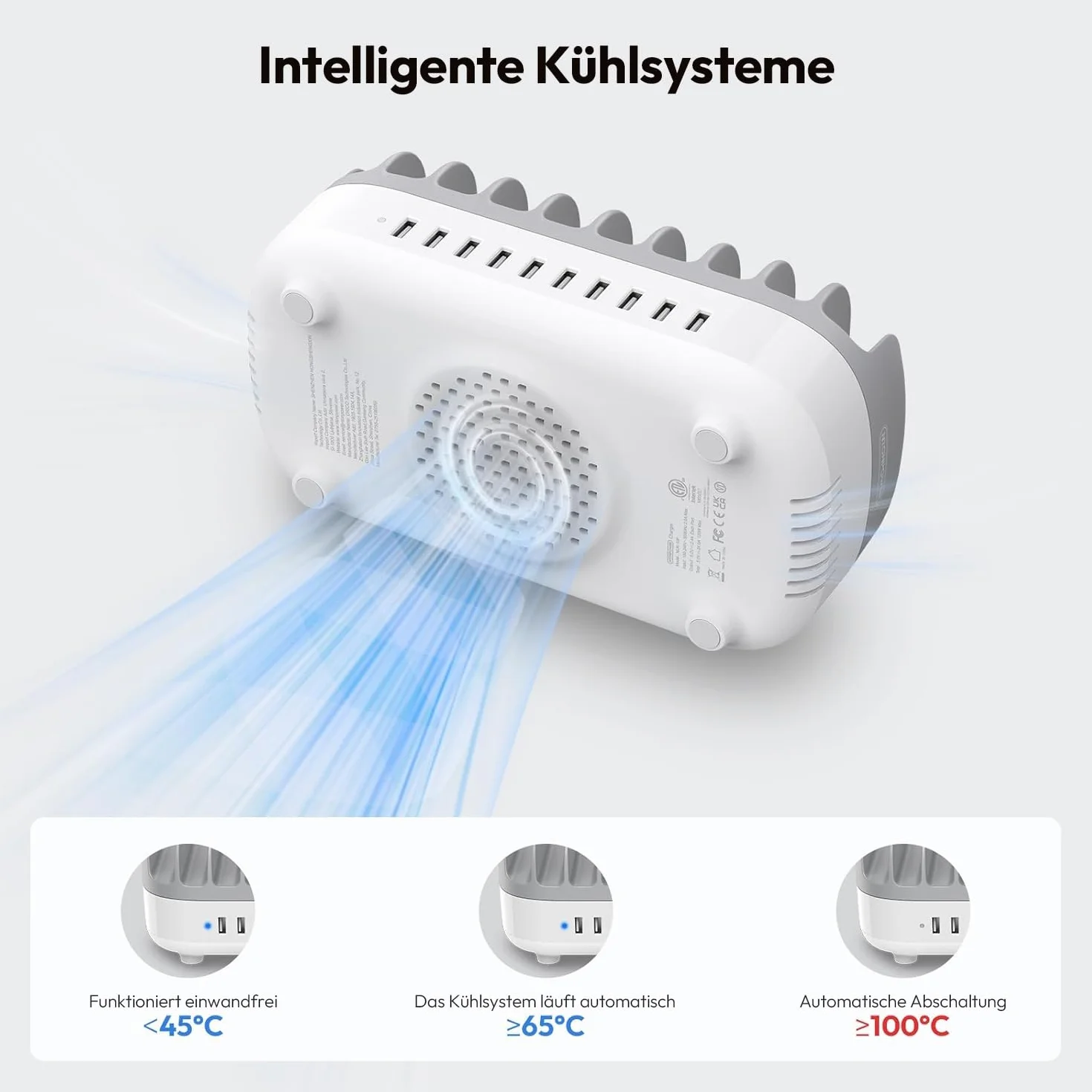 NTONPOWER 10-portowa stacja ładująca do tabletów, 120 W, Multi USB stacja ładująca z automatycznym cichym radiatorem, do telefonów komórkowych, smartfonów, tabletów, szara