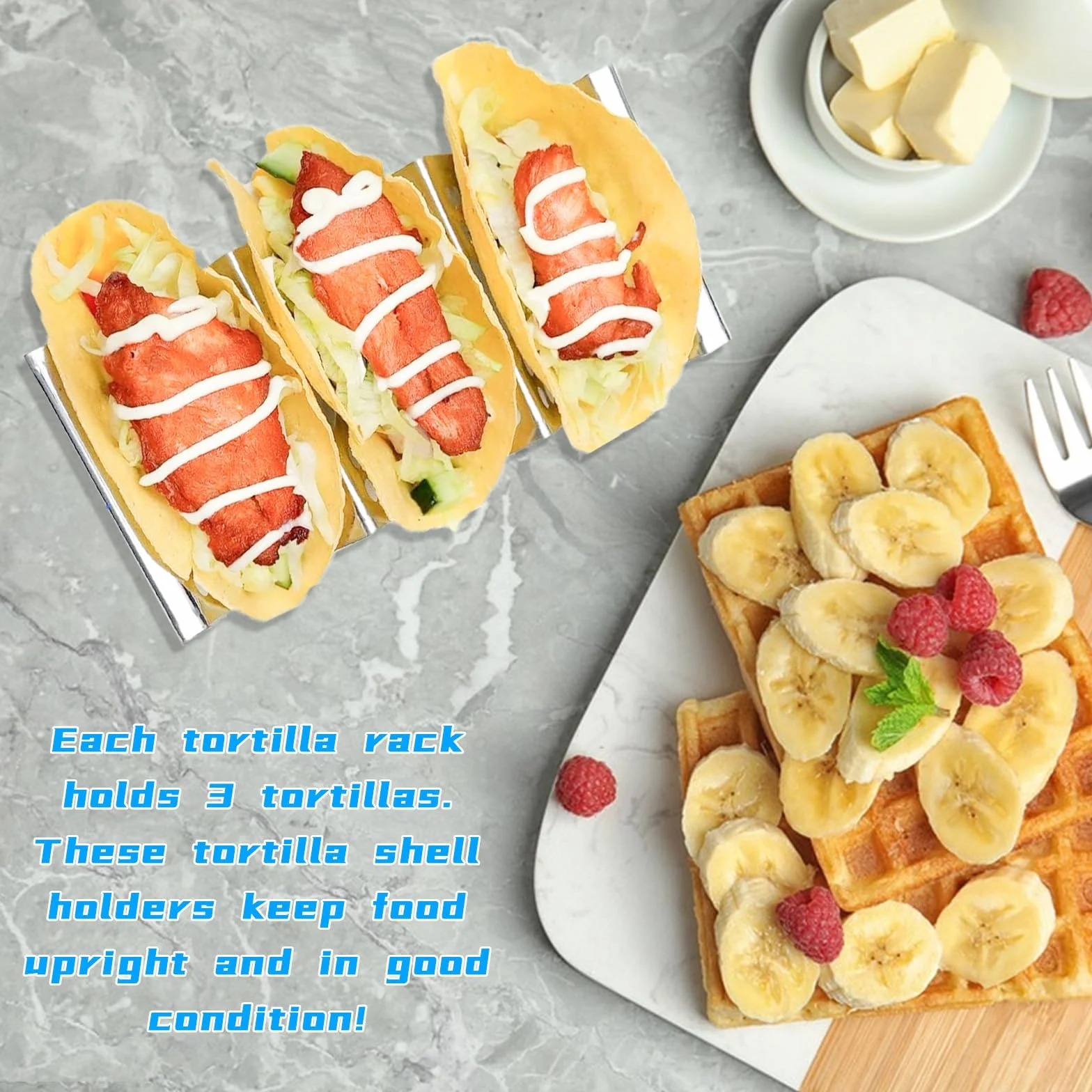 Taco stojak ze stali nierdzewnej, meksykański stojak taco na imprezę, tortilla, kształt fali, uchwyt na hotdog do przechowywania tacos, hot dogów, kanapek, naleśników, kiełbasek, 3 sztuki