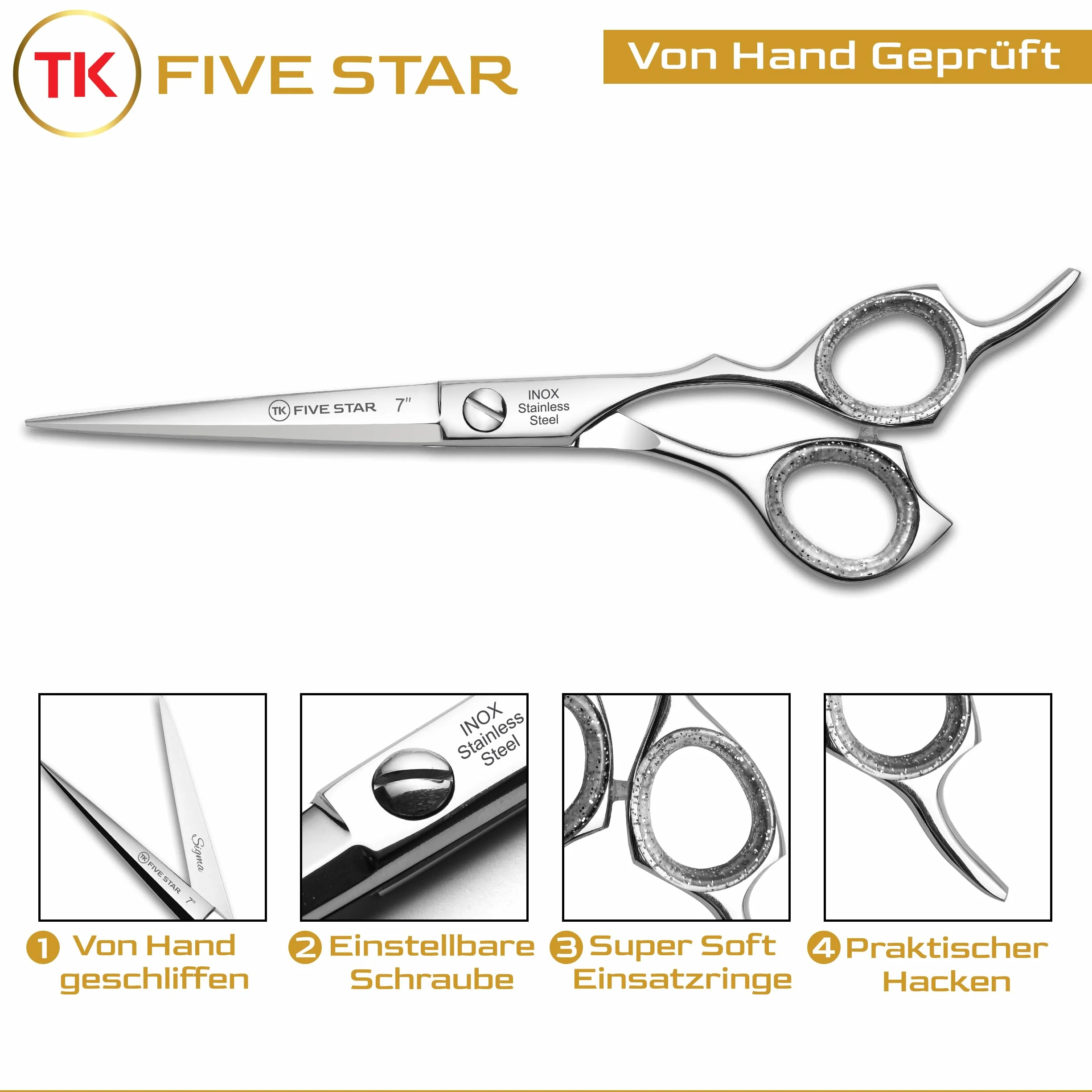 TK FIVE STAR Sigma profesjonalne nożyczki fryzjerskie Razor-Edge 7", nożyce do strzyżenia brody, nierdzewne dla kobiet, mężczyzn, fryzjerów, salonów fryzjerskich i dzieci, do mocnych i