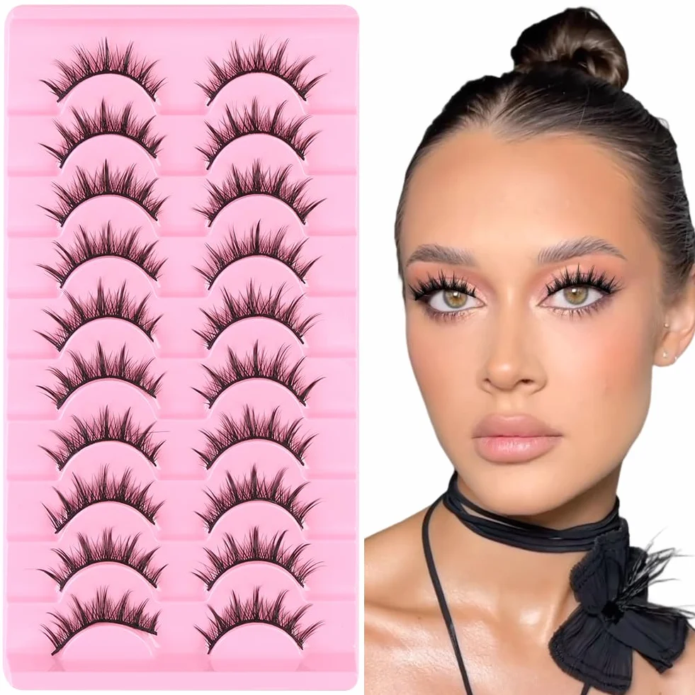 LOPHE Sztuczne rzęsy, 10 par naturalne sztuczne rzęsy, 3D Cat Fox Eye Lashes Puszyste, profesjonalne sztuczne rzęsy wielokrotnego użytku, grube kręcone rękawy (model SA207)