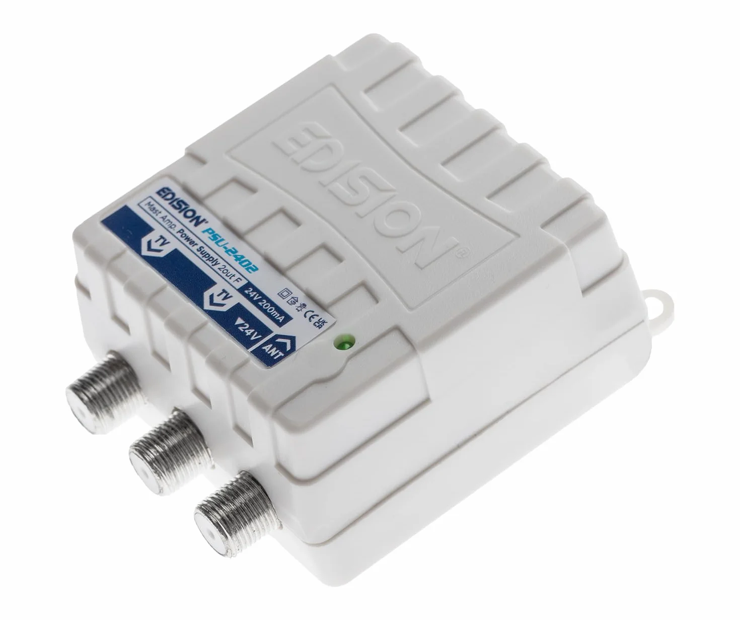 EDISION PSU-2402 wzmacniacz słupkowy anteny telewizyjnej ze złączem F, DC 24 V 200 mA, częstotliwością 5-862 MHz, 1 wejście, 2 wyjściami