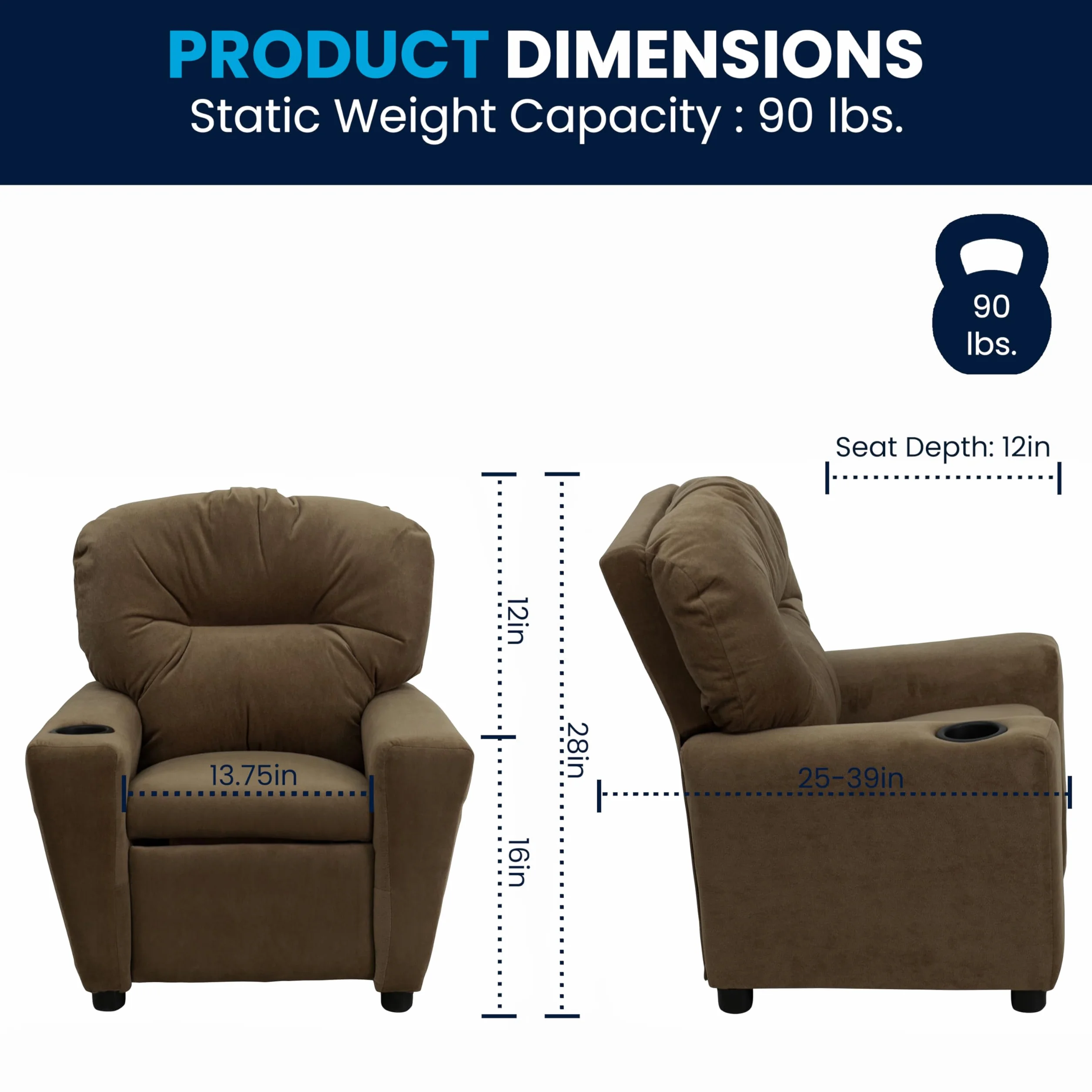 Flash Furniture Współczesny leżak z mikrofibry z uchwytem na kubki, drewno, brązowy, 66,04 x 53,34 x 53,34 cm
