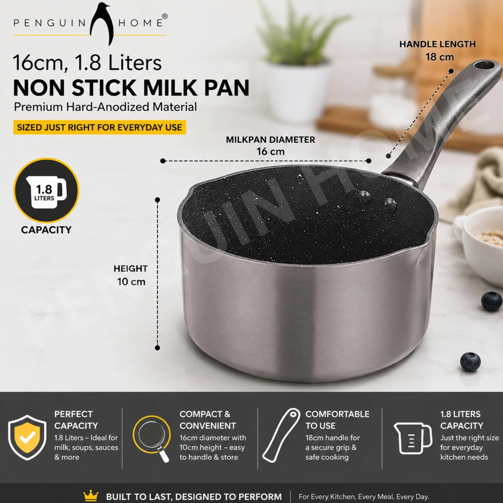 Penguin Home Patelnia do mleka nieprzywierająca twarda anodowana indukcyjna 16 cm 1,8 l