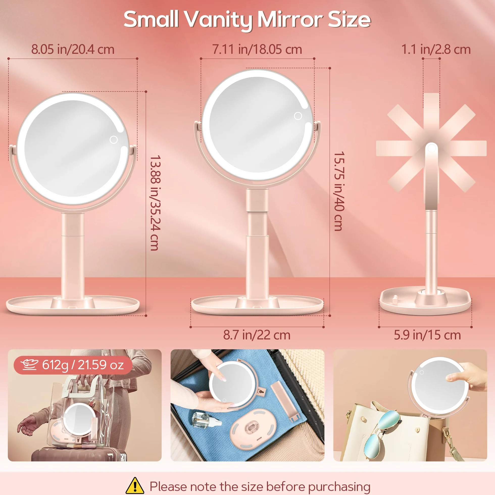 B Beauty Planet Podświetlane lustro do makijażu, 20 x powiększające, 3 kolorowe światło, ściemniane diody LED i regulacja wysokości, 2-stronne lusterko kosmetyczne do łazienki, prezent dla kobiet