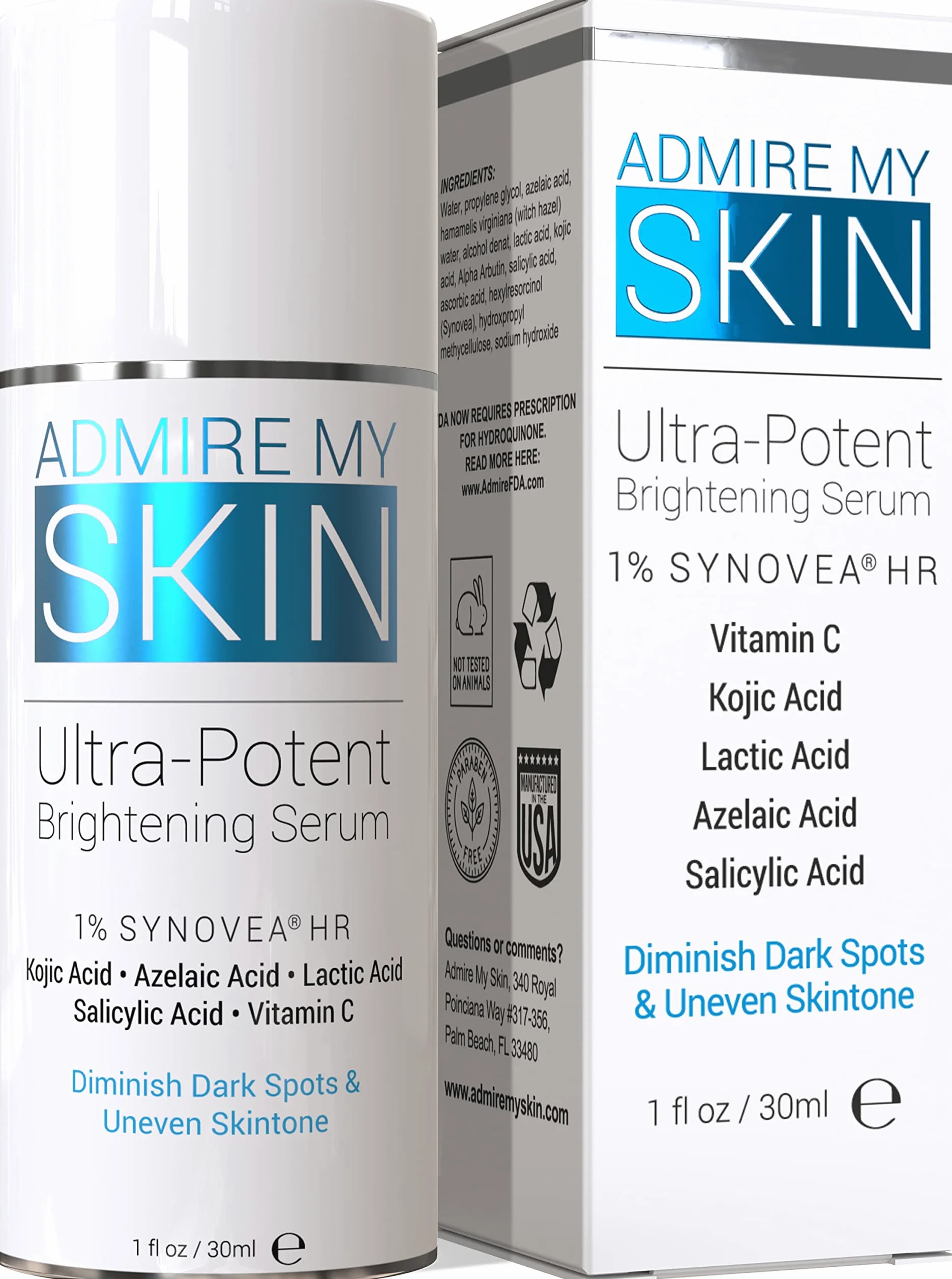 Admire My Skin Serum rozjaśniające, leczenie przebarwień na ciemne plamy i nierówny odcień skóry - serum z witaminą C z kwasem kojowym dla kobiet i mężczyzn, serum z kwasem azelainowym do leczenia
