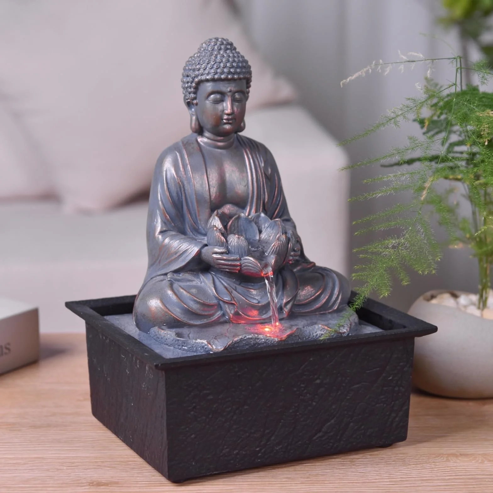 Fontanna wewnętrzna Budda Medytacja Lotos Kolorowe światło LED - Zen Deco Salon Sypialnia - Fontanna stołowa Relaksujący ruch - Przydatny prezent dla kobiet i mężczyzn - H 26cm - Sutra Zen'Light